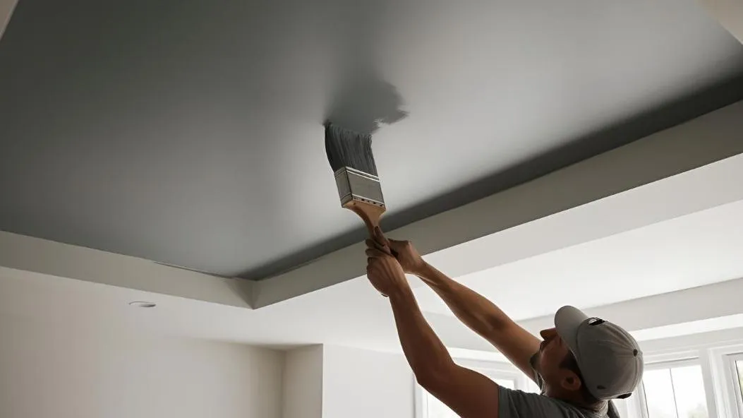 A man using a large brush to apply grey paint to a high indoor ceiling