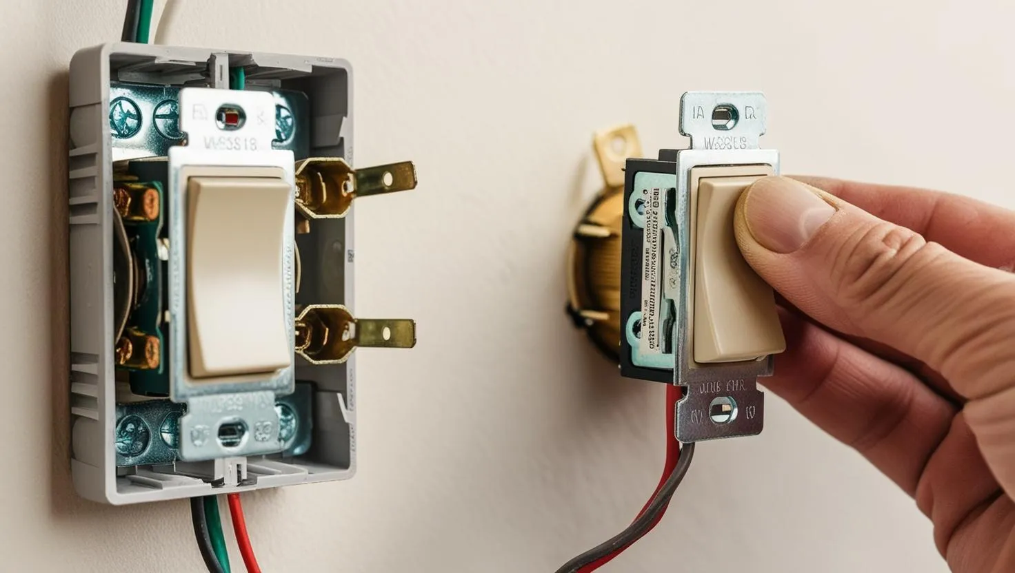 A hand holding a light switch next to an open wall box showing electrical wires