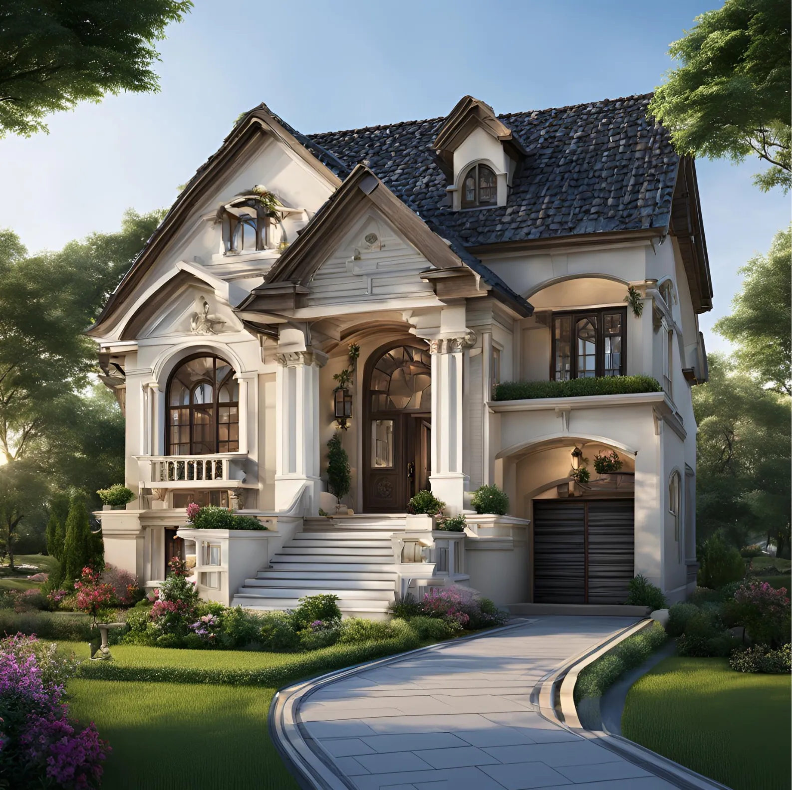 White luxury two story house with gray roof garden flowers stone pathway and large front windows
