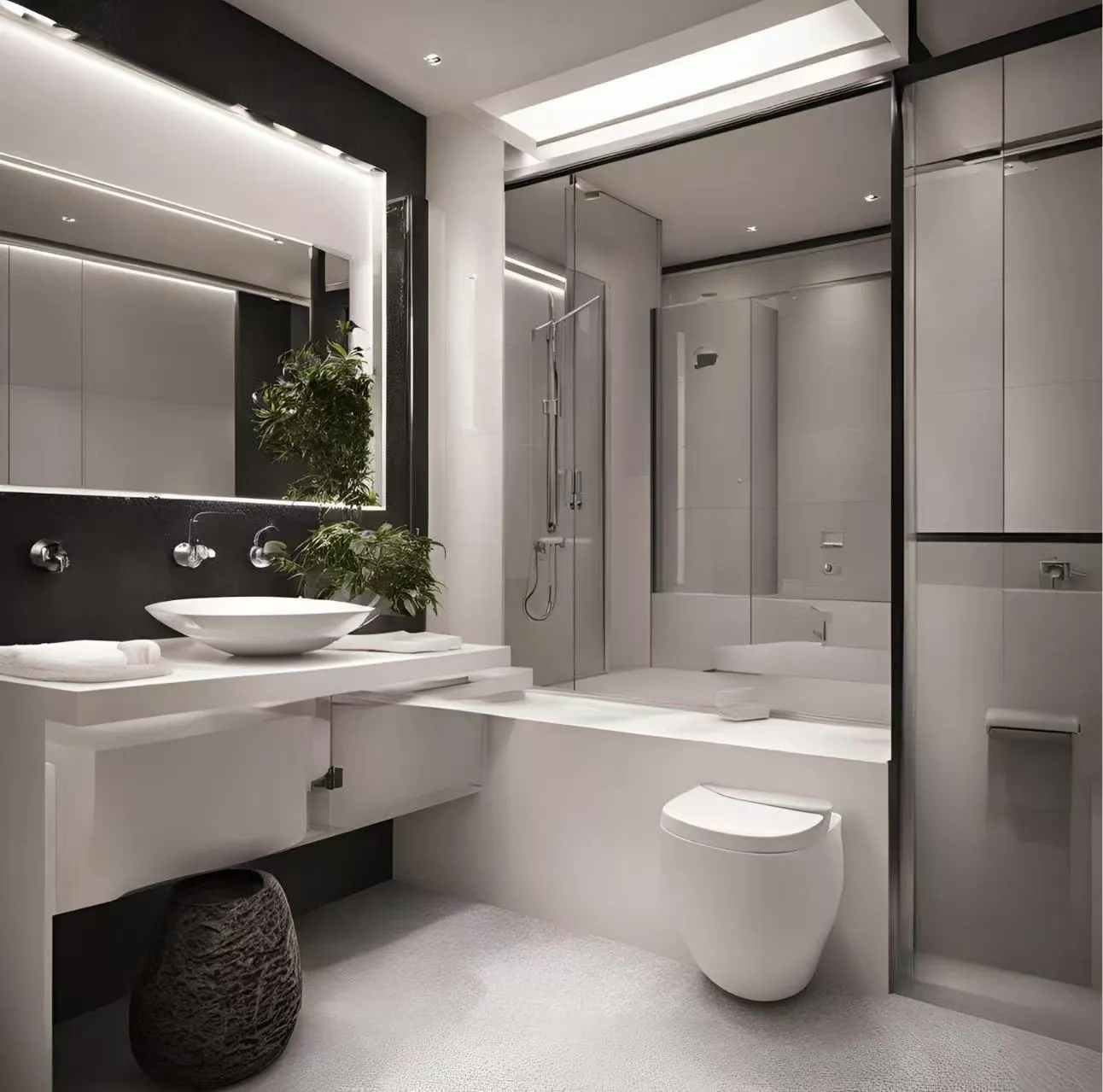 Modern white bathroom with floating sink, large wall mirror, glass shower door, and white toilet