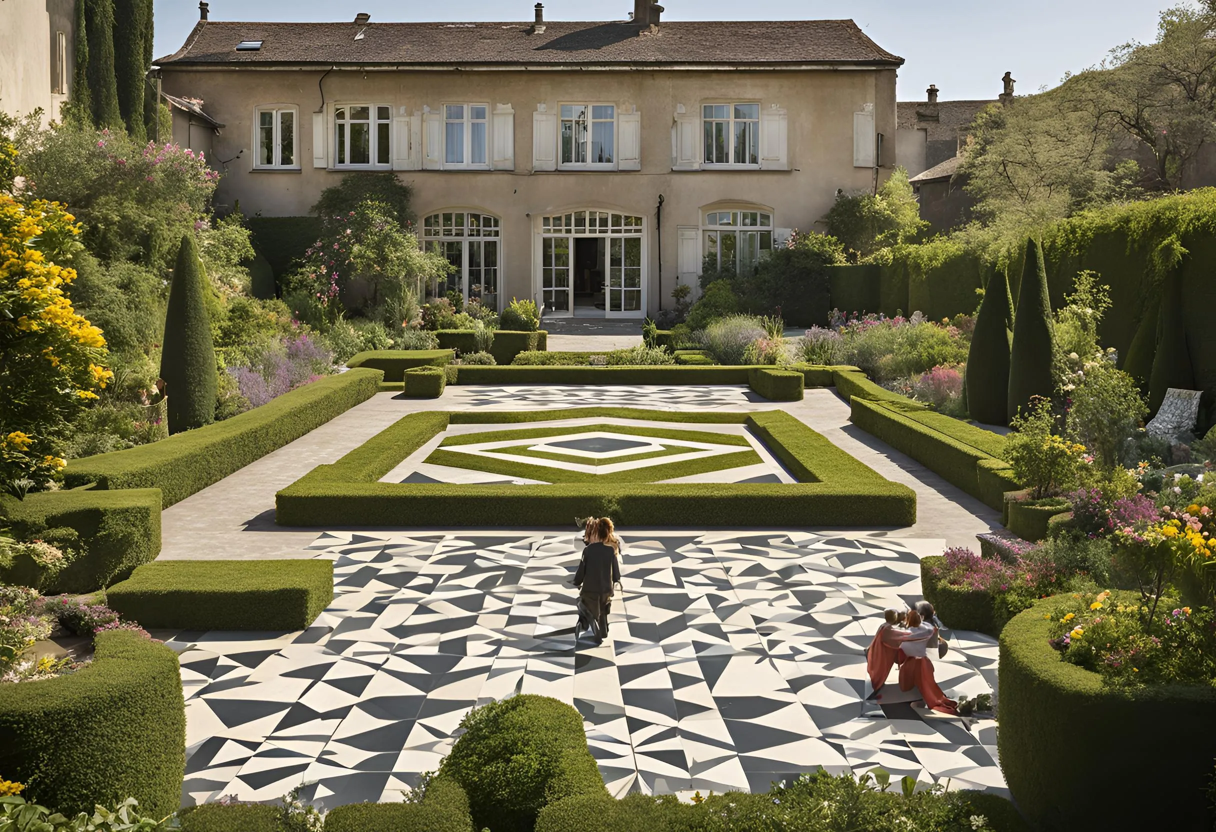 Large backyard garden with green square hedges and black and white patterned outdoor stone floor