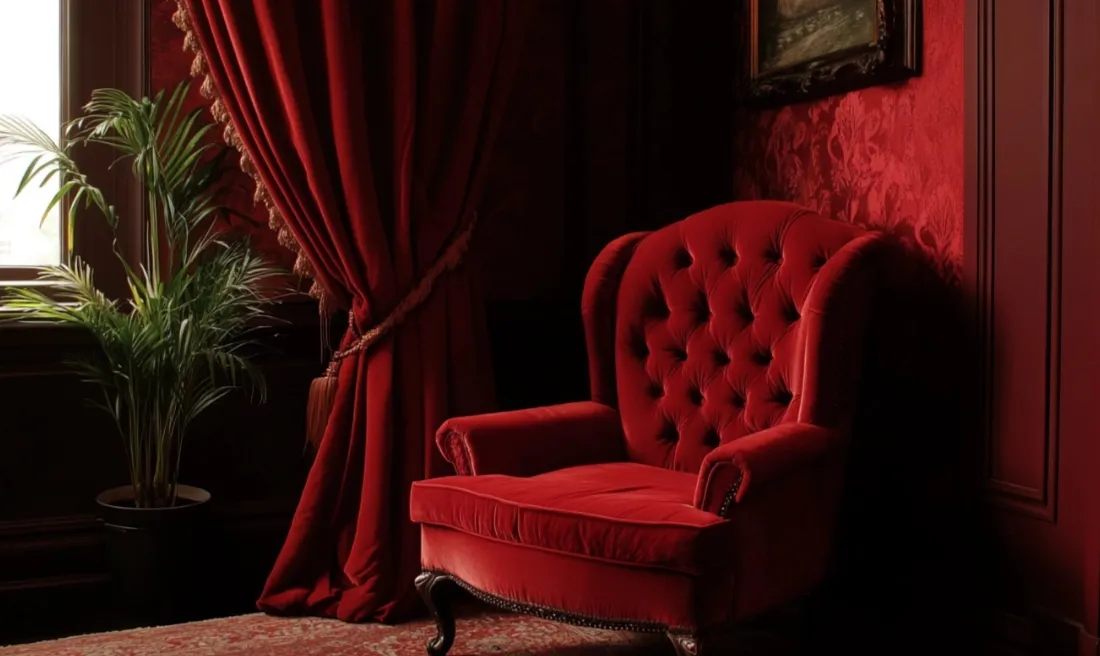 Luxury red room featuring a velvet sofa red curtain green plant and patterned red wallpaper