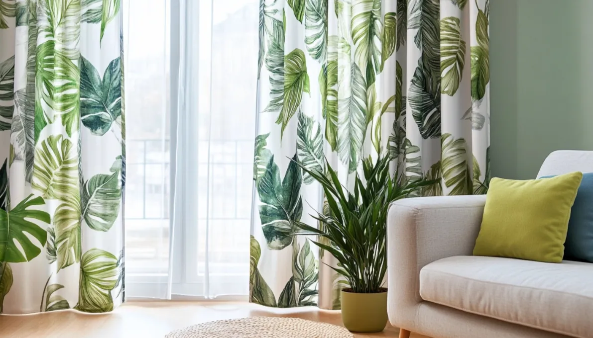 Living room featuring green leaf curtains, a white sofa, bright green pillow, and potted plant