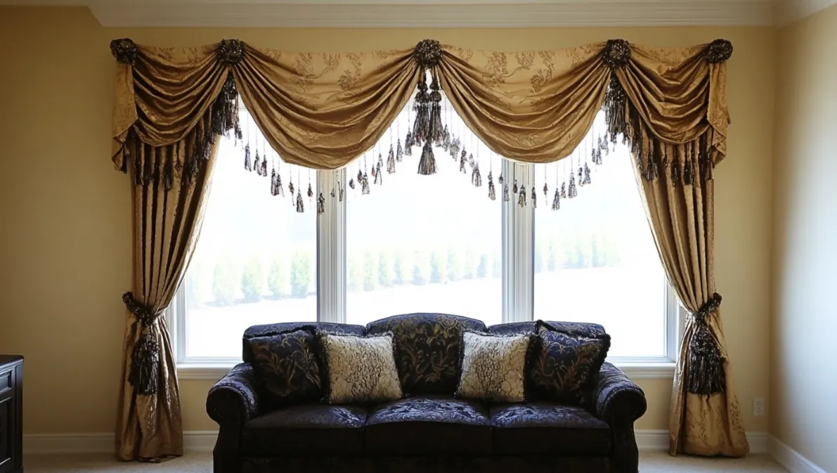 Traditional living room with gold curtains a dark sofa patterned pillows and bright large windows