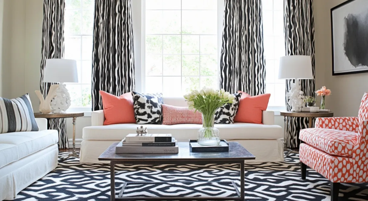 Bright living room with zebra pattern curtains, white sofa, orange pillows, and black white rug