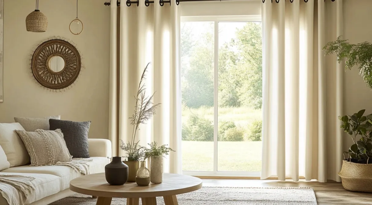 Bright modern living room with beige curtains white sofa round wood table and green plants