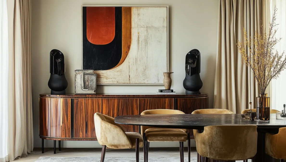 Dining room with wooden cabinet, abstract wall art, yellow velvet chairs, and a dark table