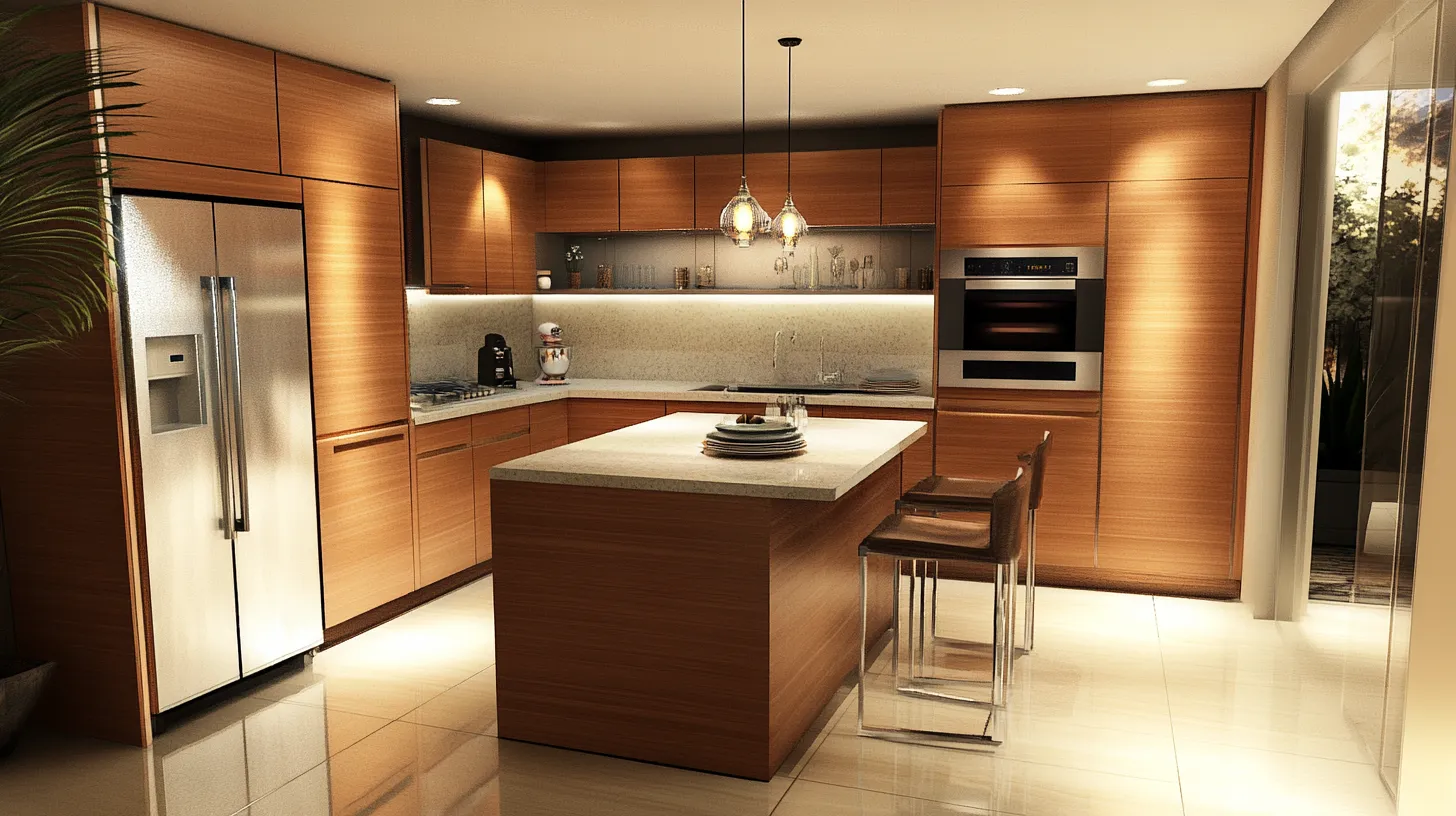 Modern kitchen design with wooden cabinets central island bar stools hanging ceiling lights and oven