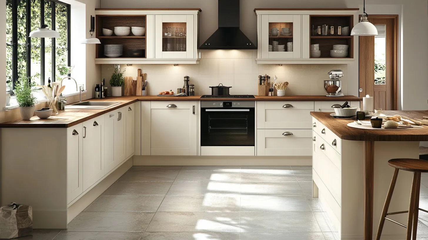 Bright kitchen with cream cabinets wood countertops island black oven hood and large glass windows