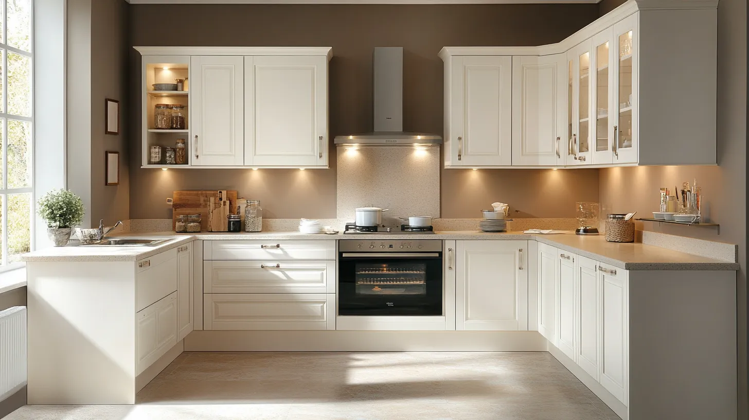 Classic cream kitchen with white cabinet oven under stove range hood wall light and bright window