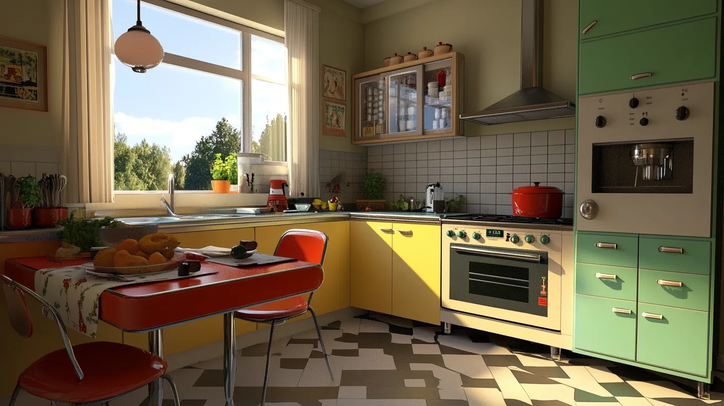 Retro kitchen with yellow cabinets green pantry red dining table and checkered black white floor