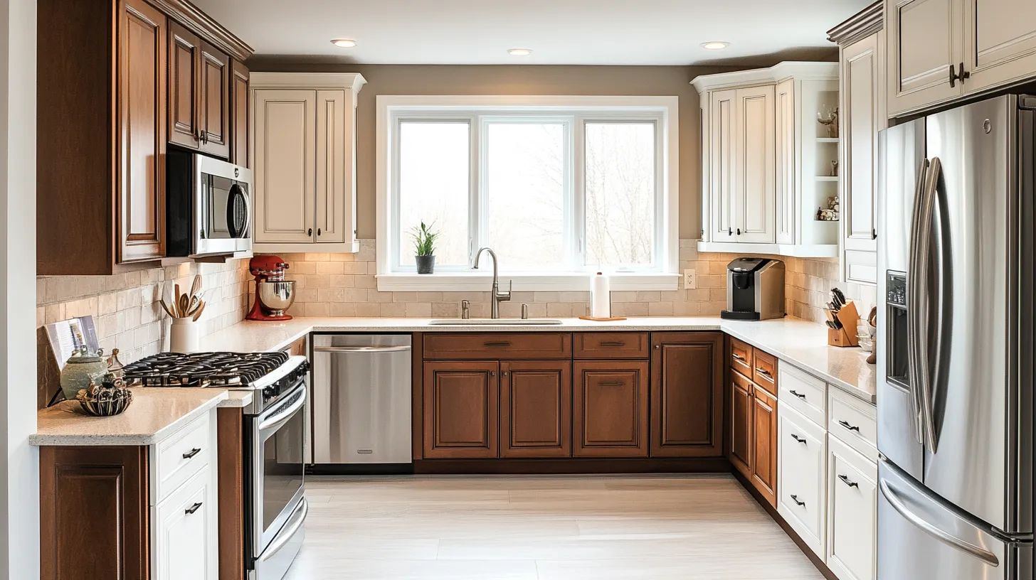 Traditional kitchen with brown wooden cabinets white wall units stainless steel appliances sink and window