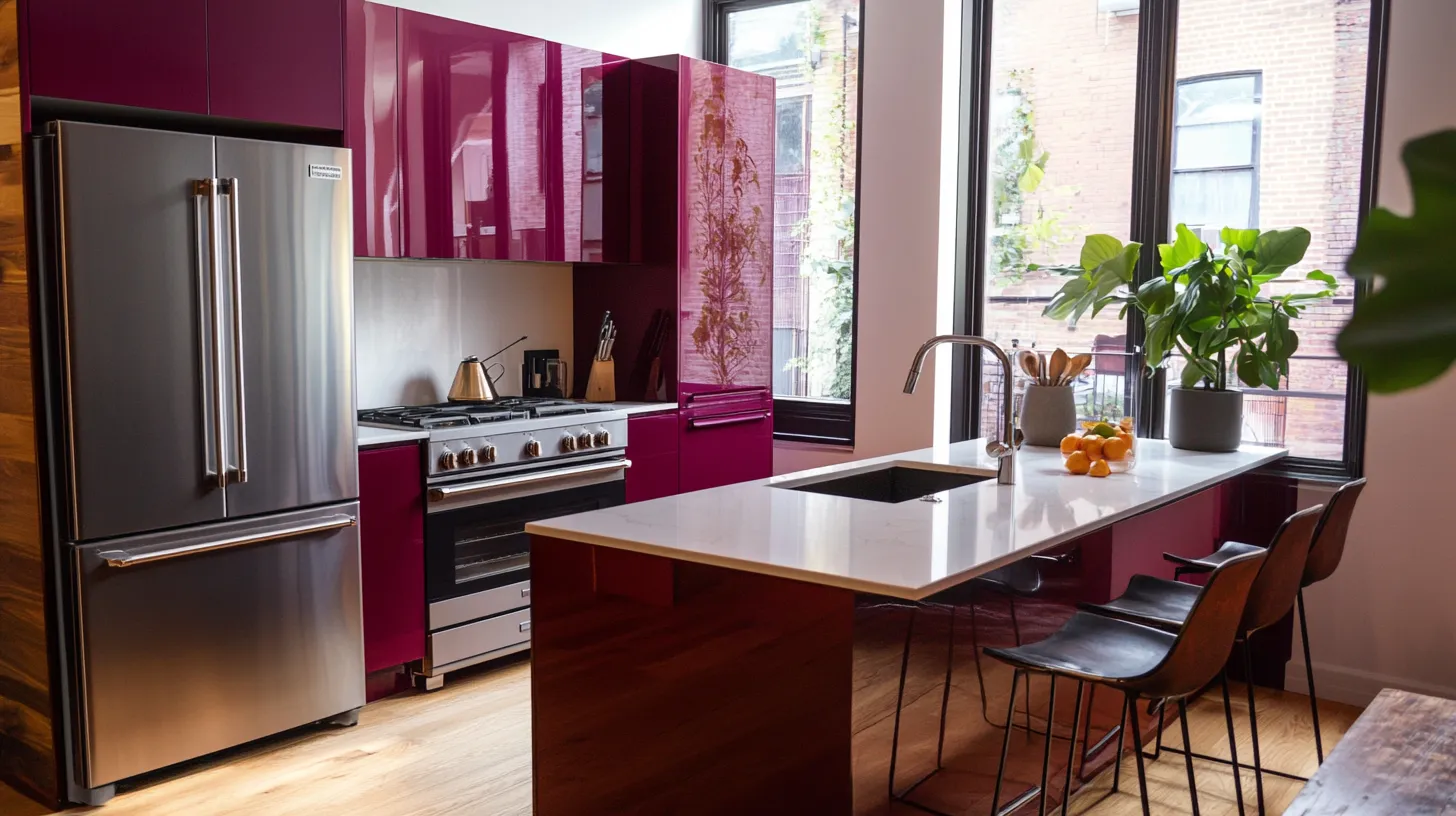 Modern kitchen with purple cabinet silver fridge island table black chair large window and wood floor