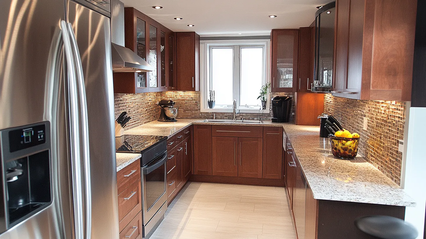 Modern kitchen with brown wood cabinet marble countertop silver fridge small window and black stove top