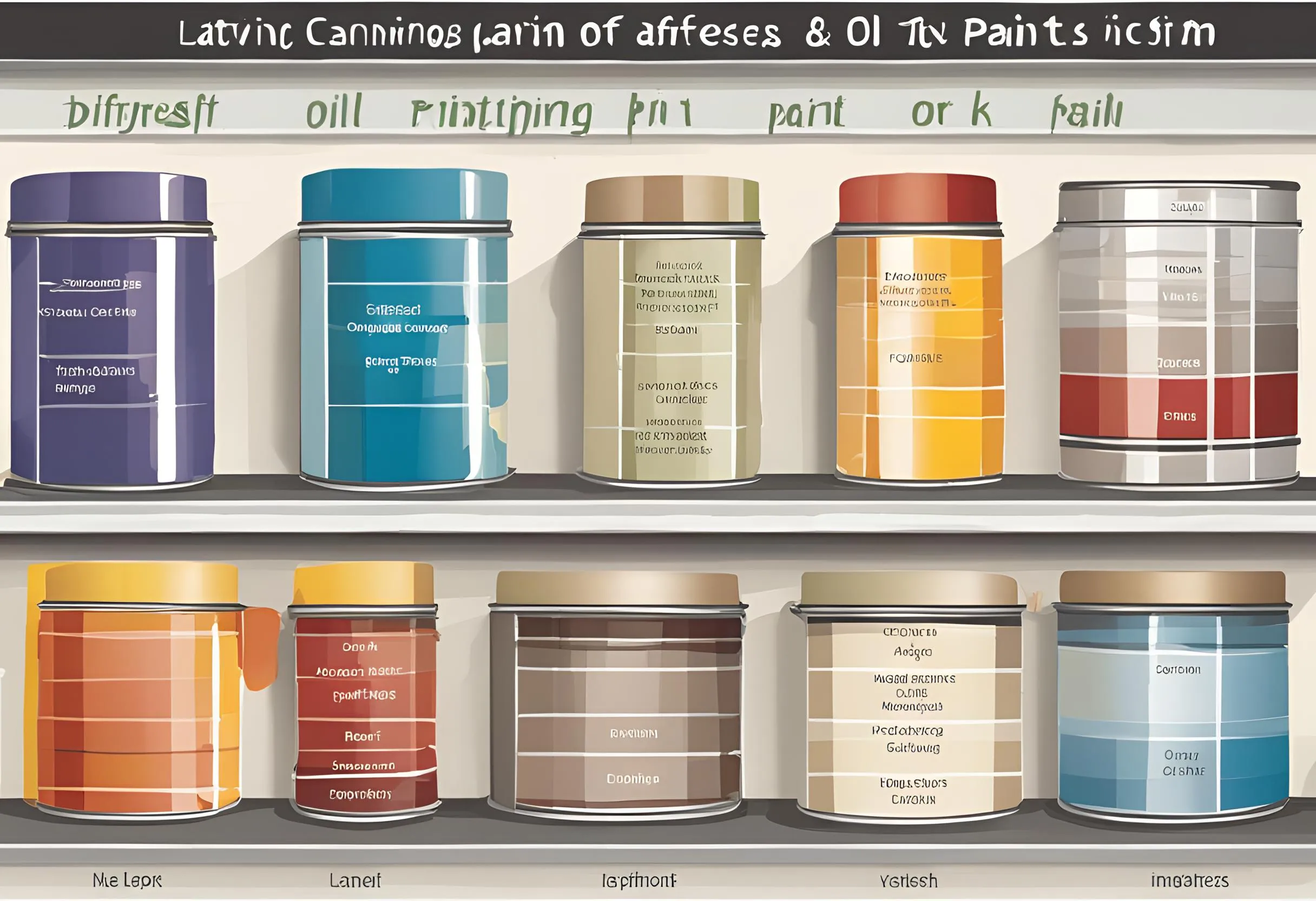 Rows of different colorful paint cans on white shelves in a home improvement store display