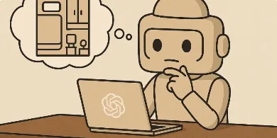 Cute robot character using a laptop computer while thinking about a bedroom floor plan layout