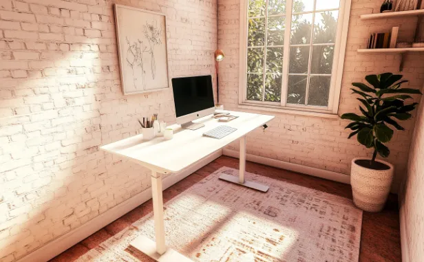 Bright home office with white brick walls standing desk computer large window and potted plant