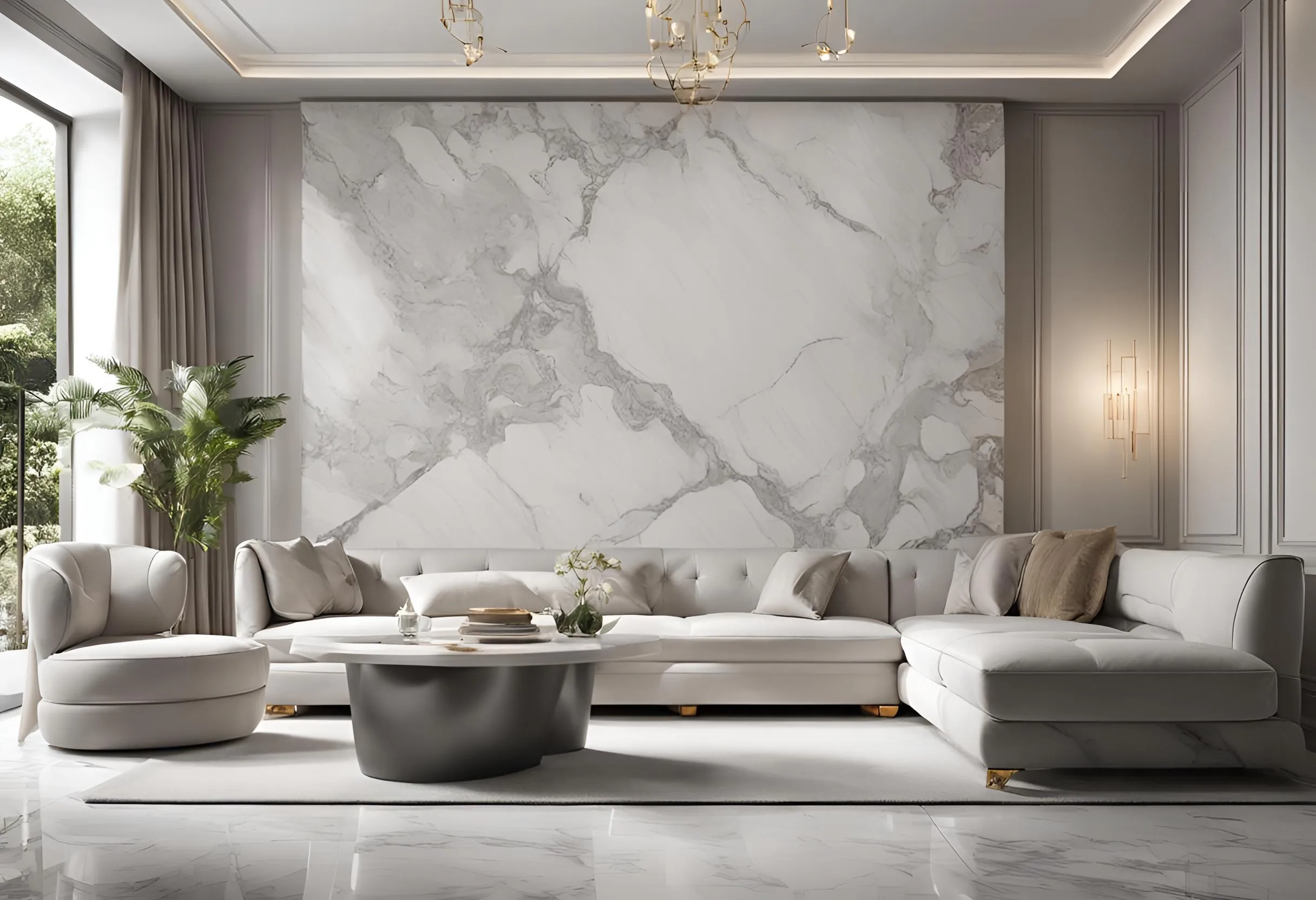 Luxurious living room with marble wall panel large white sofa coffee table plant and light