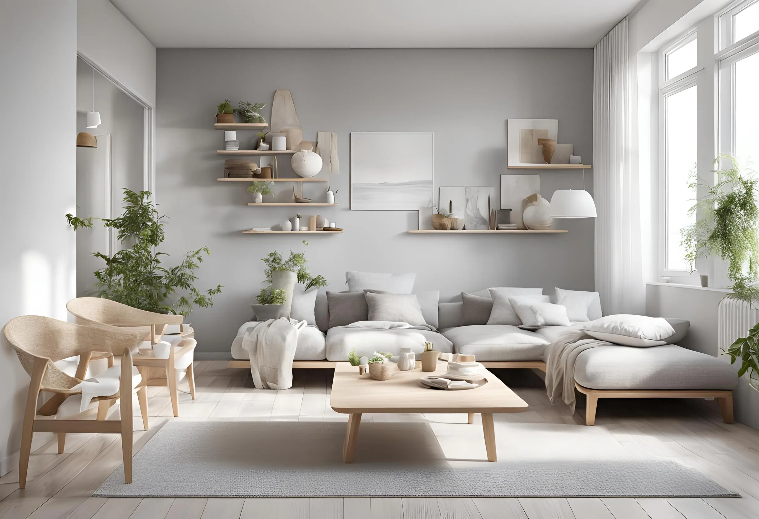 Bright living room with grey sofa wooden coffee table wall shelves green plants and natural light