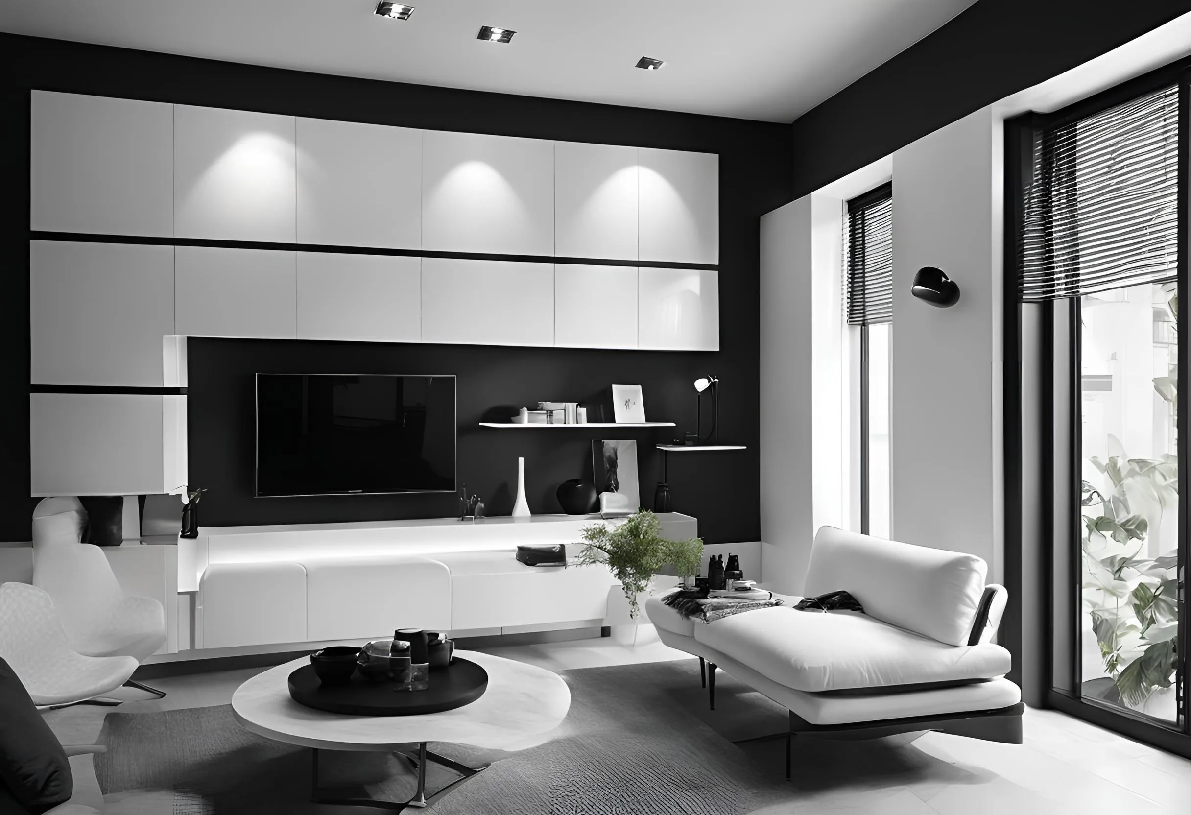 Modern black and white living room featuring wall mounted cabinet television white sofa and round table