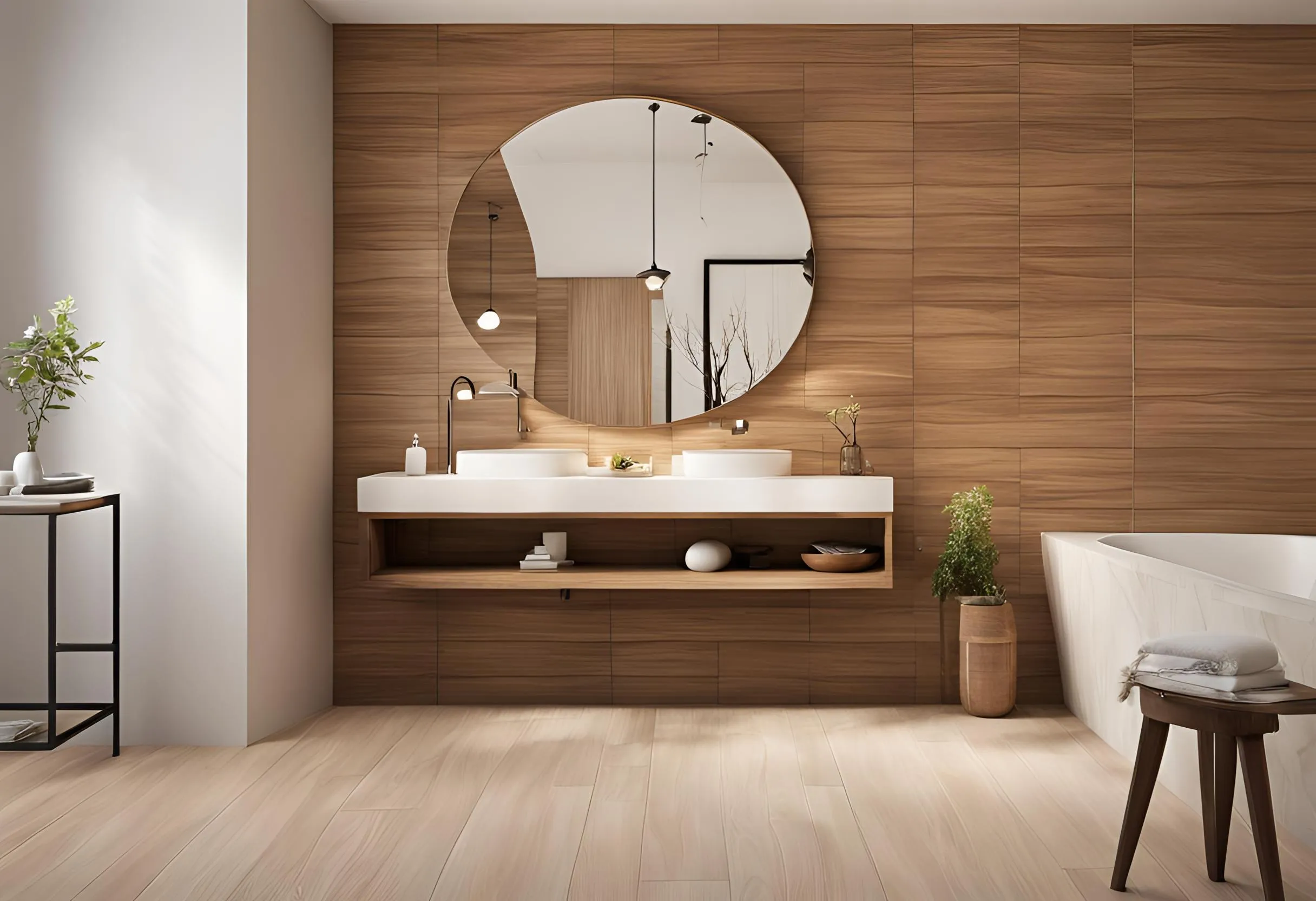 Modern bathroom with wood wall panel large round mirror white double sink and light wood floor