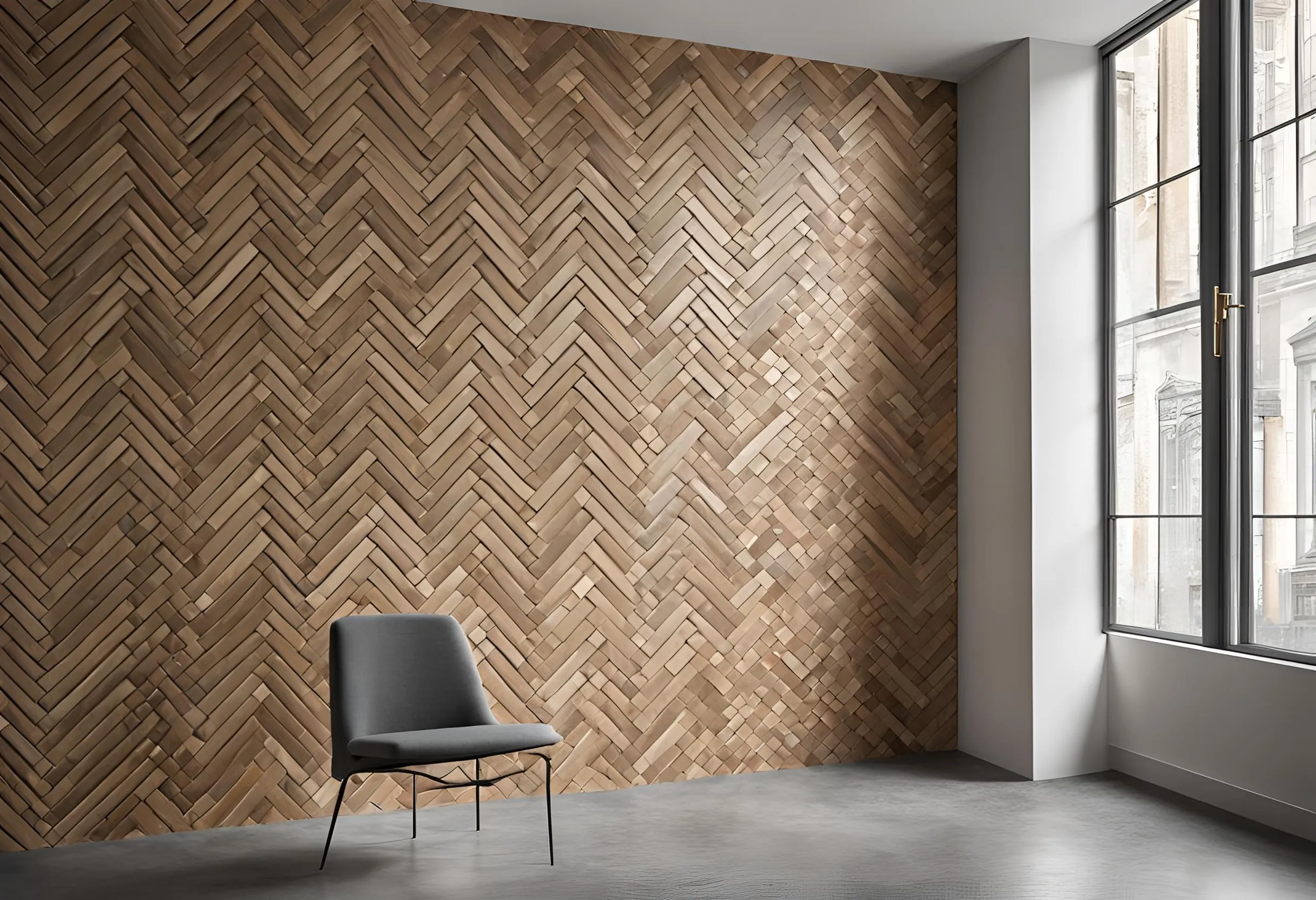 Minimalist grey chair sitting in front of textured wooden wall panel design next to window