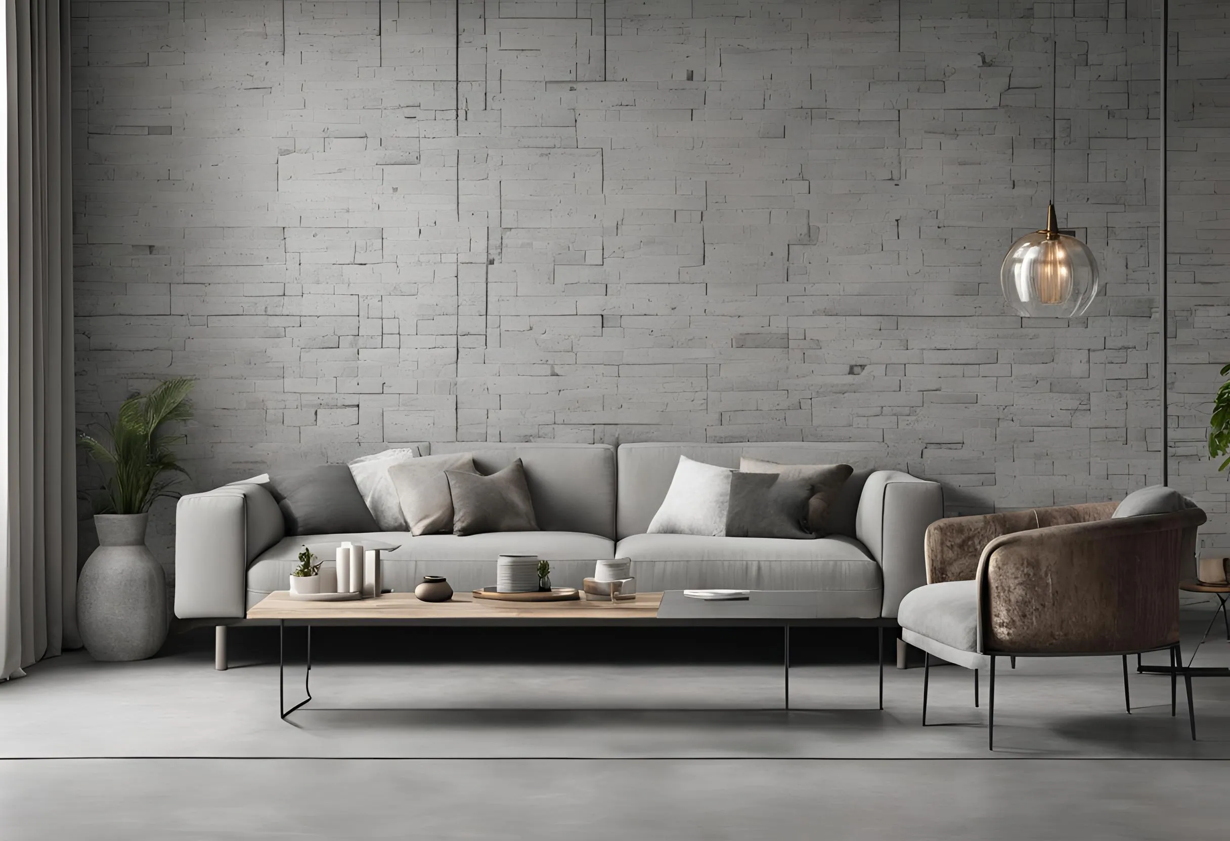 Modern living room featuring grey sofa, wooden coffee table, grey brick wall, and hanging light