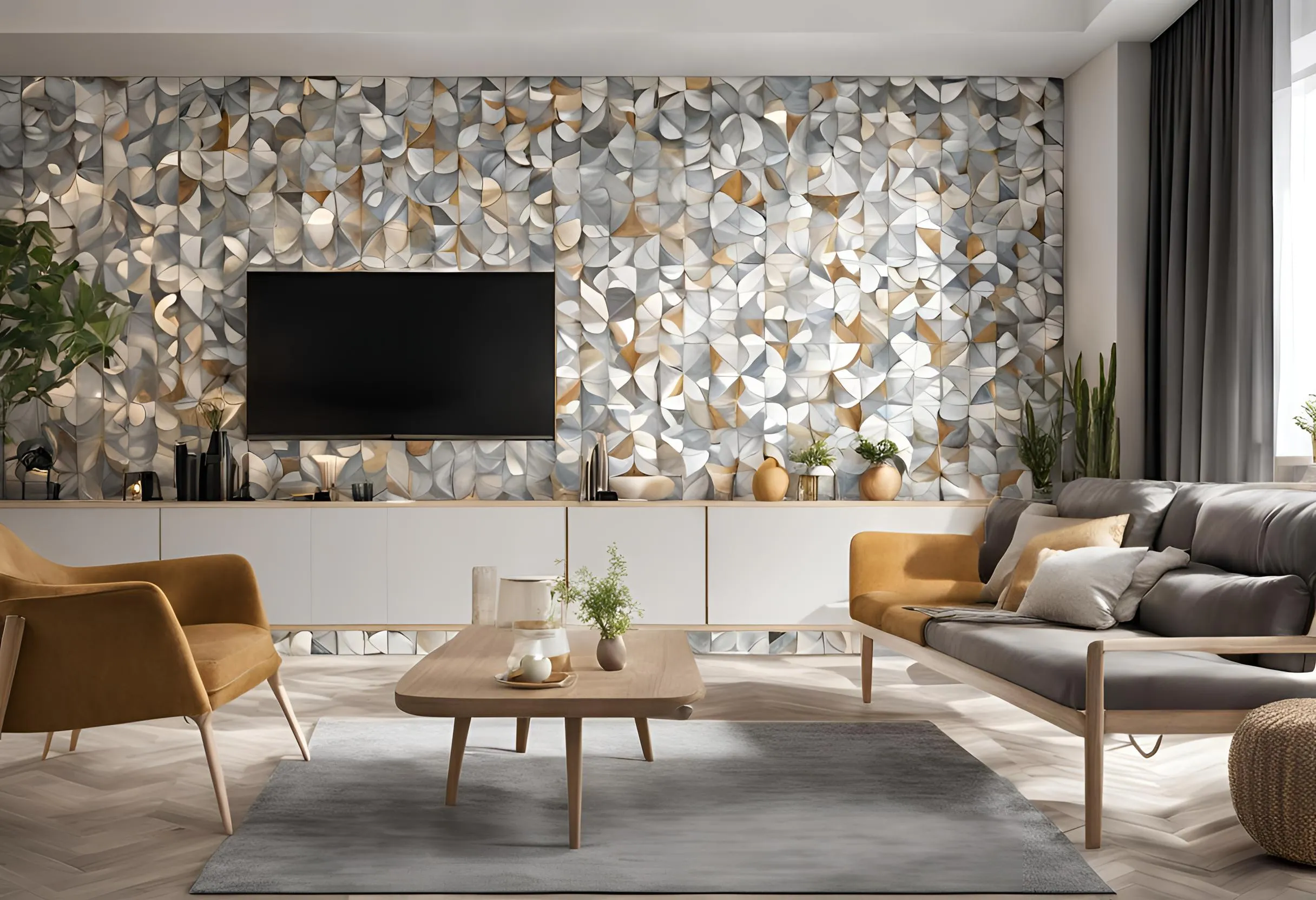 Modern living room with textured wall panel, television, grey sofa, yellow armchair, and wooden table