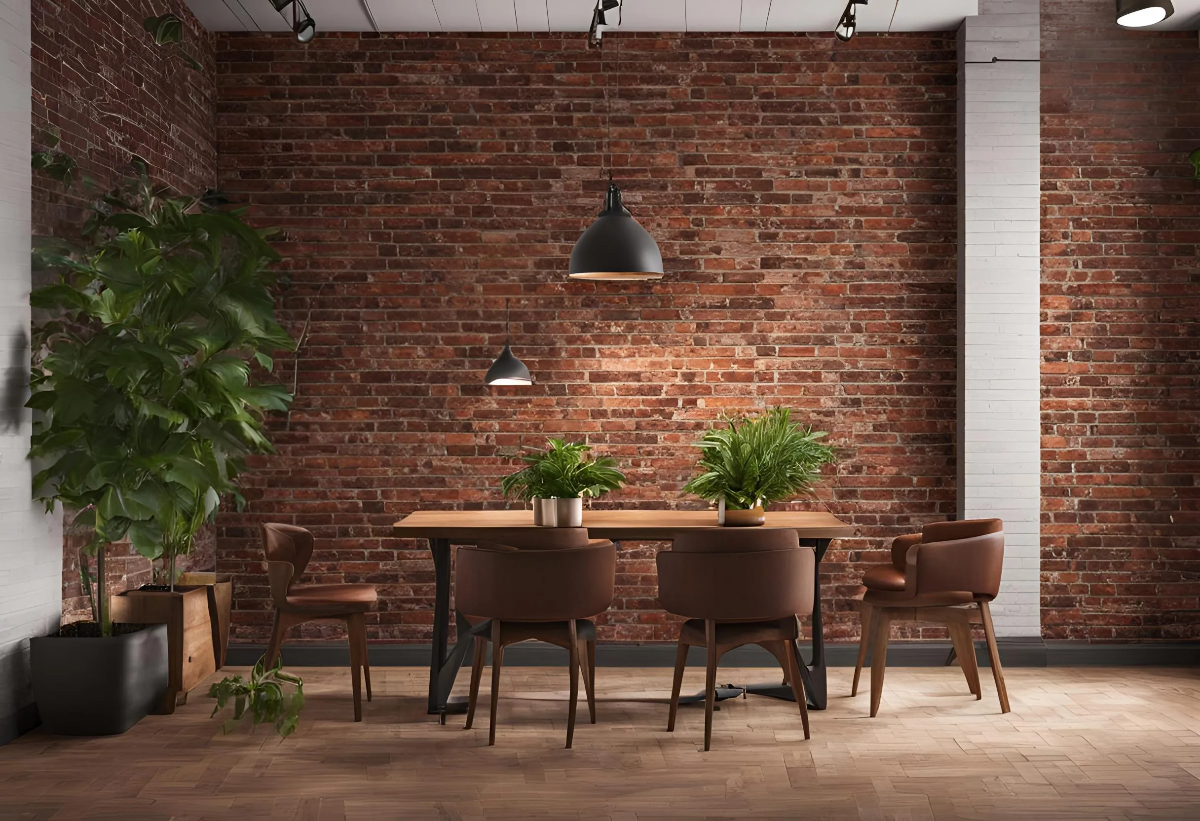 Industrial dining room with red brick wall, wooden table, brown chairs, black ceiling lights, plants