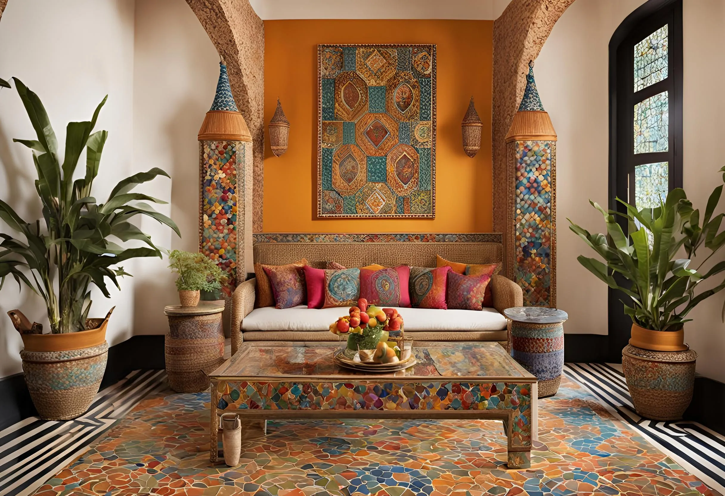 Colorful living room with orange wall, mosaic coffee table, sofa with pillows, and green plants