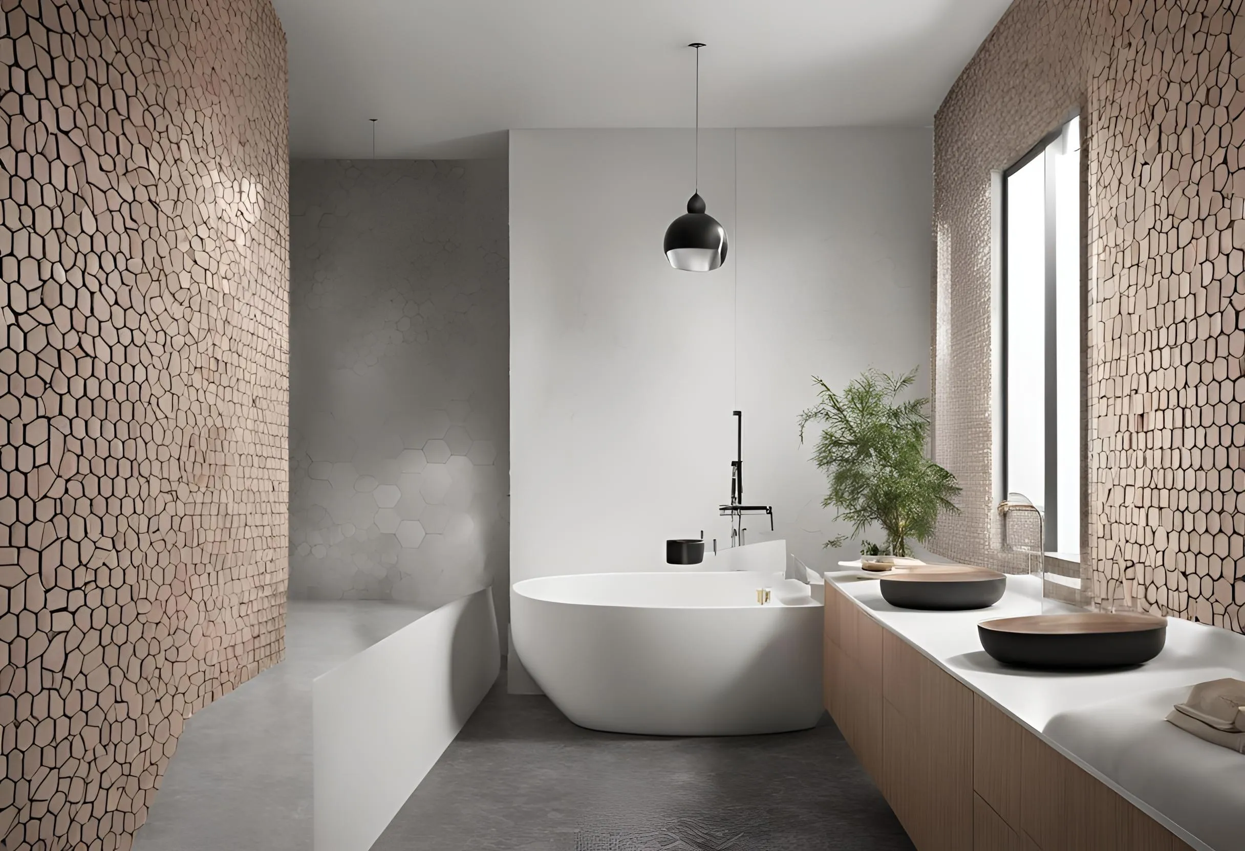 Modern bathroom design featuring white bathtub, wooden storage cabinet, double sinks, and textured wall tiles