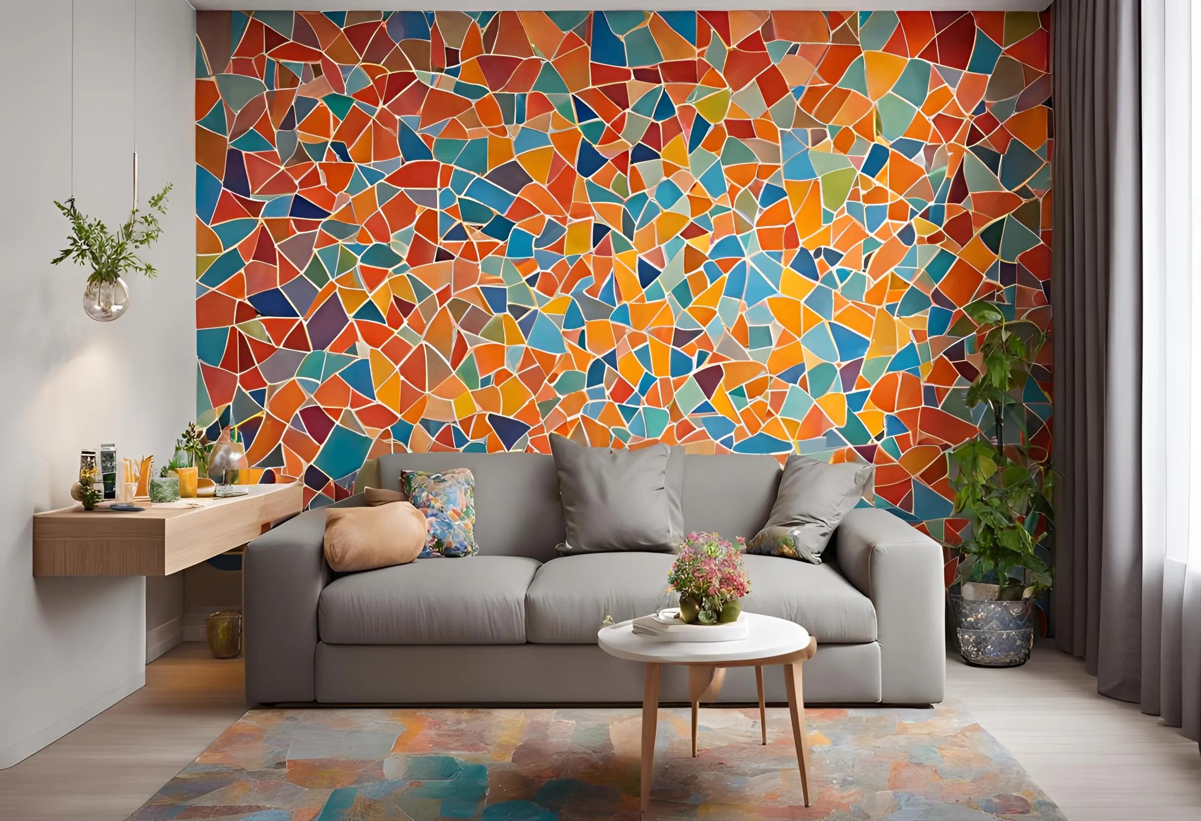 Colorful living room featuring mosaic wall design grey sofa white coffee table and indoor plant