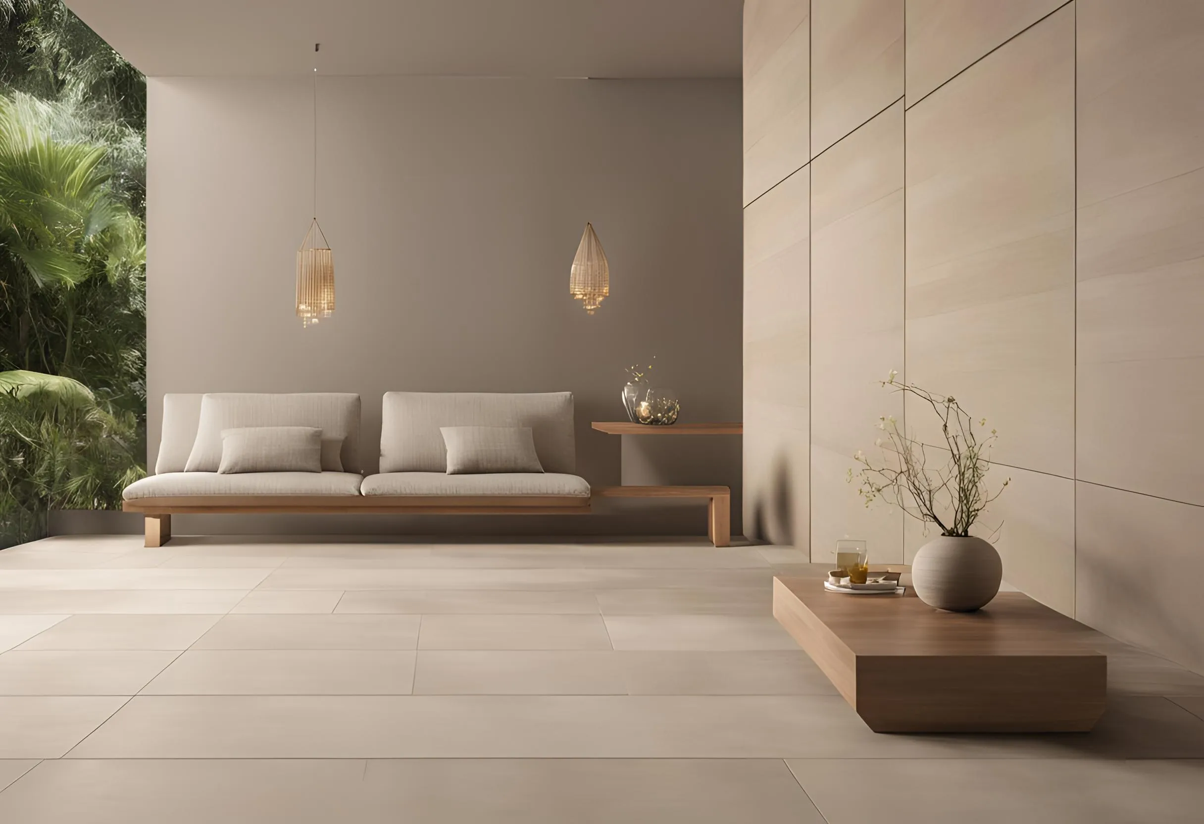 Modern living room with beige sofa, ceiling light, wall panel, wood coffee table, and tiles