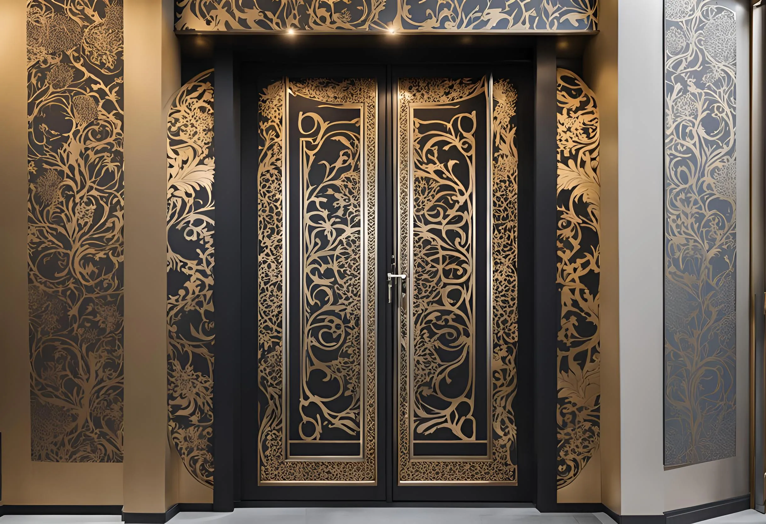 9. Printed Wallpaper and Metal Cutout Decorated Double Doors