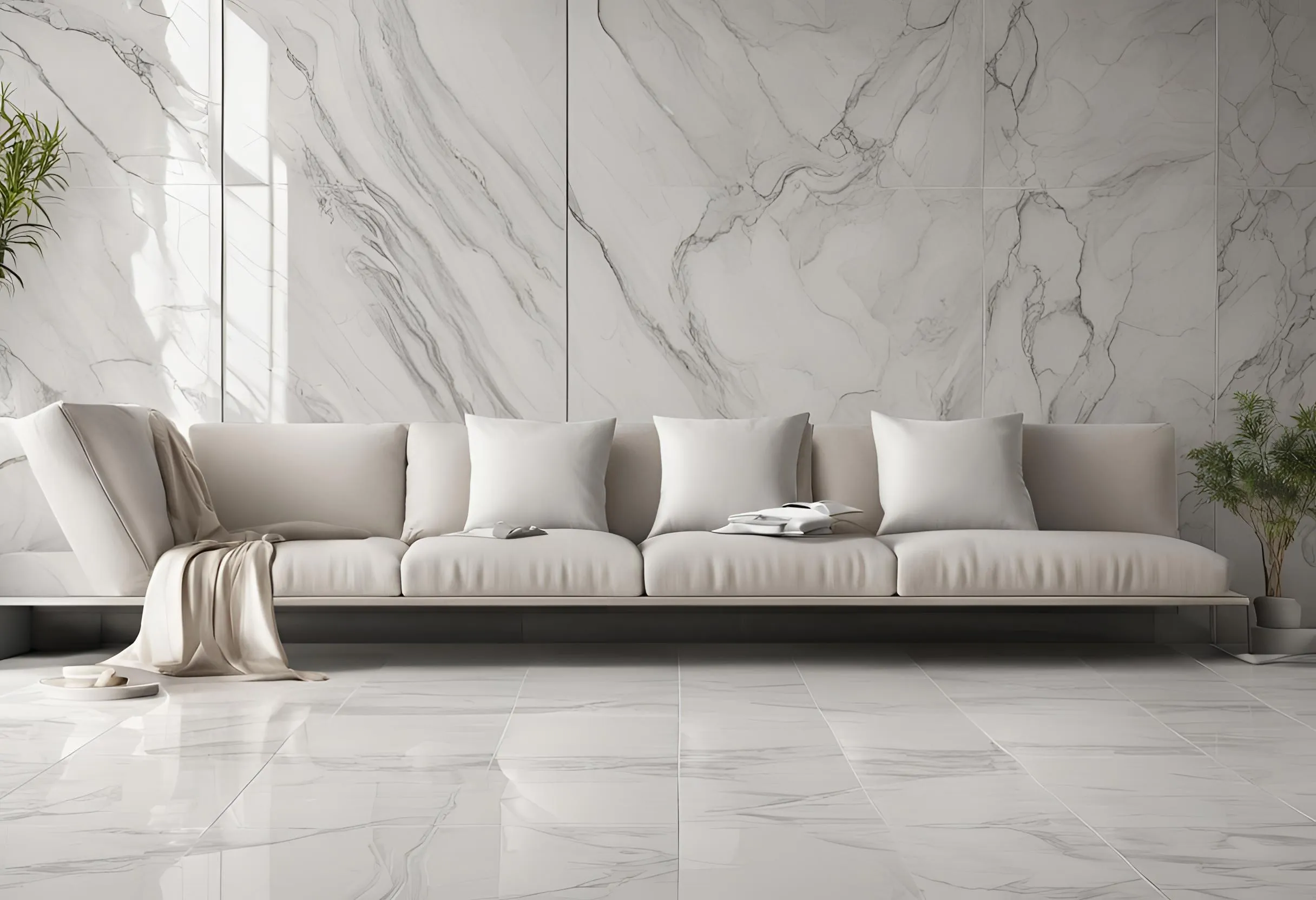 Minimalist white living room with comfortable sofa, marble wall tiles, matching floor tiles, and plant