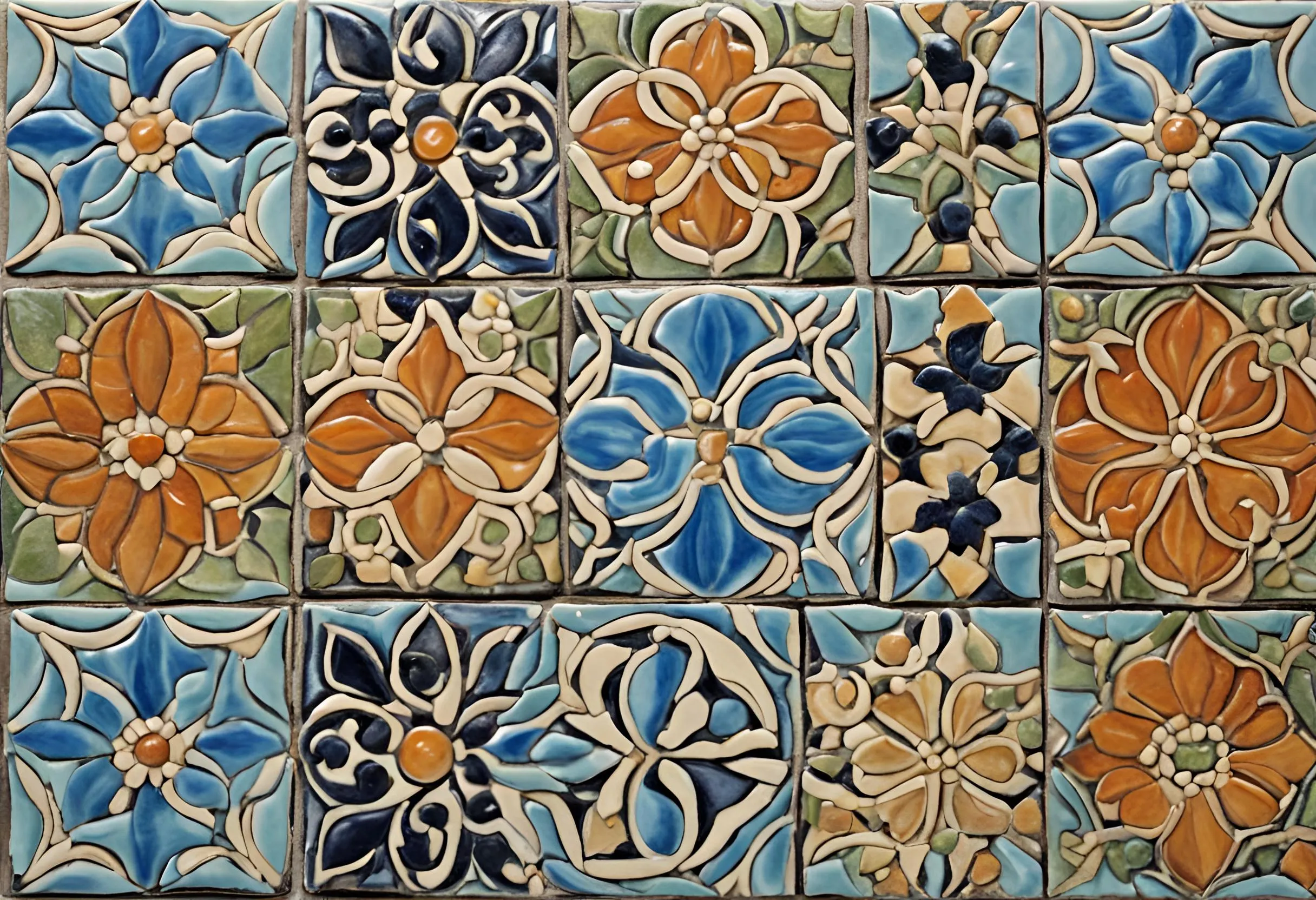 Patterned wall tiles with blue and orange flower designs used for home interior decoration projects