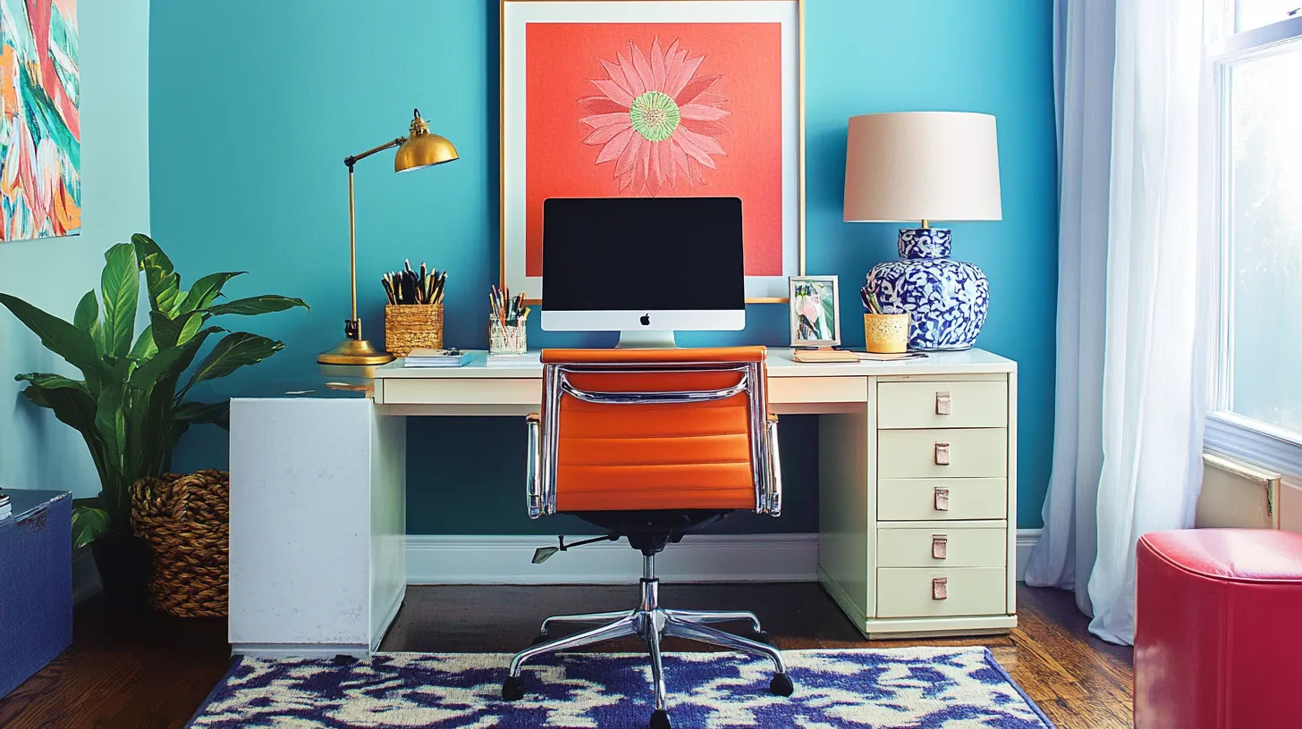 Colorful home office with blue wall orange desk chair computer monitor table lamp and floral artwork