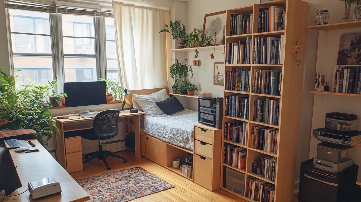 Small bedroom with wooden bed, tall bookshelf, computer desk, black chair, green plants and sunlight