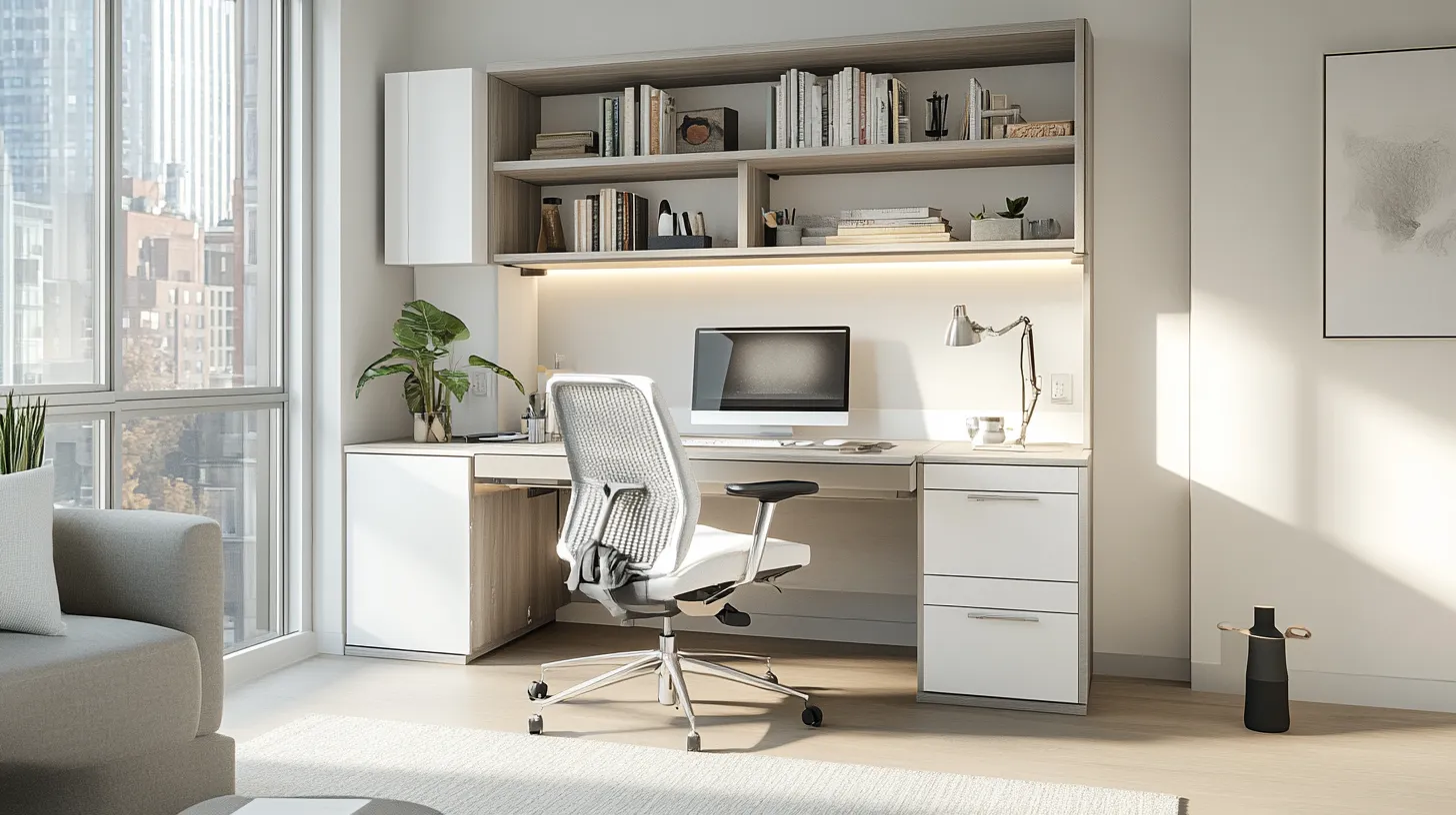 Modern white home office workspace with grey desk chair computer monitor wall shelves and view
