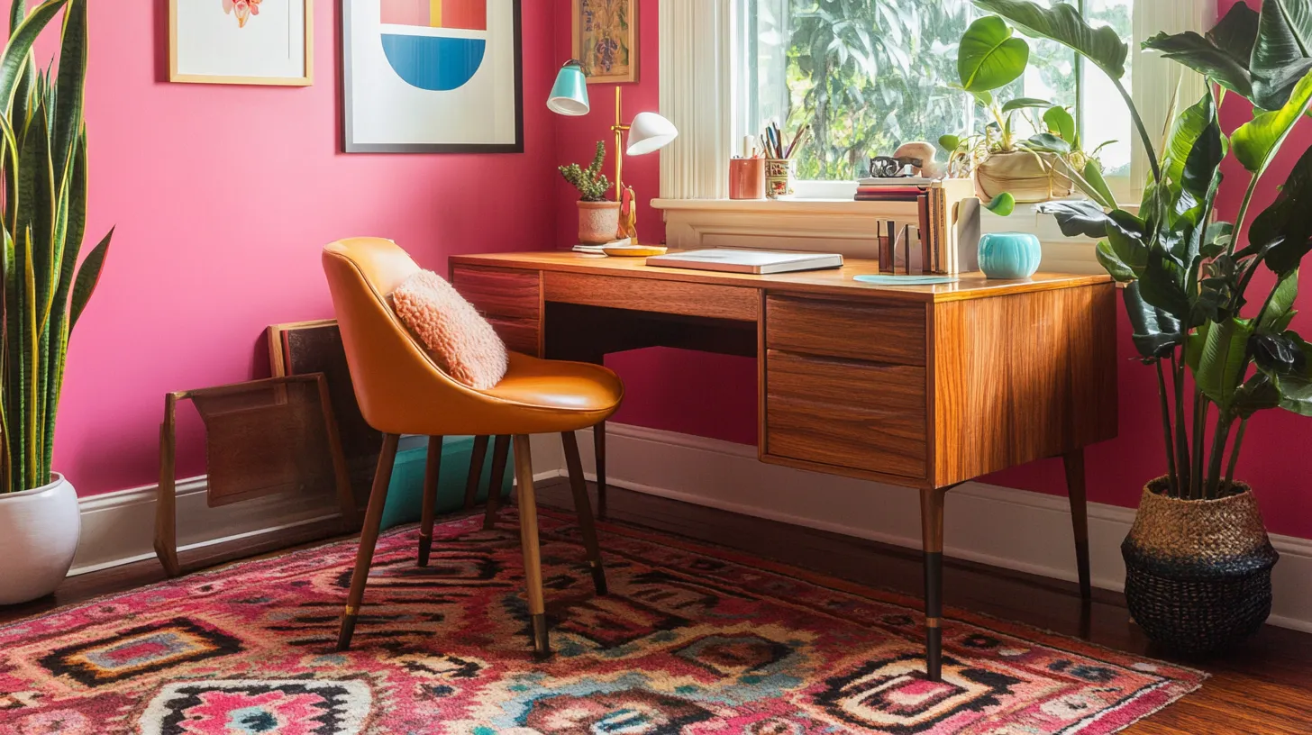 Modern home office with pink walls wooden desk orange chair colorful rug and green plants