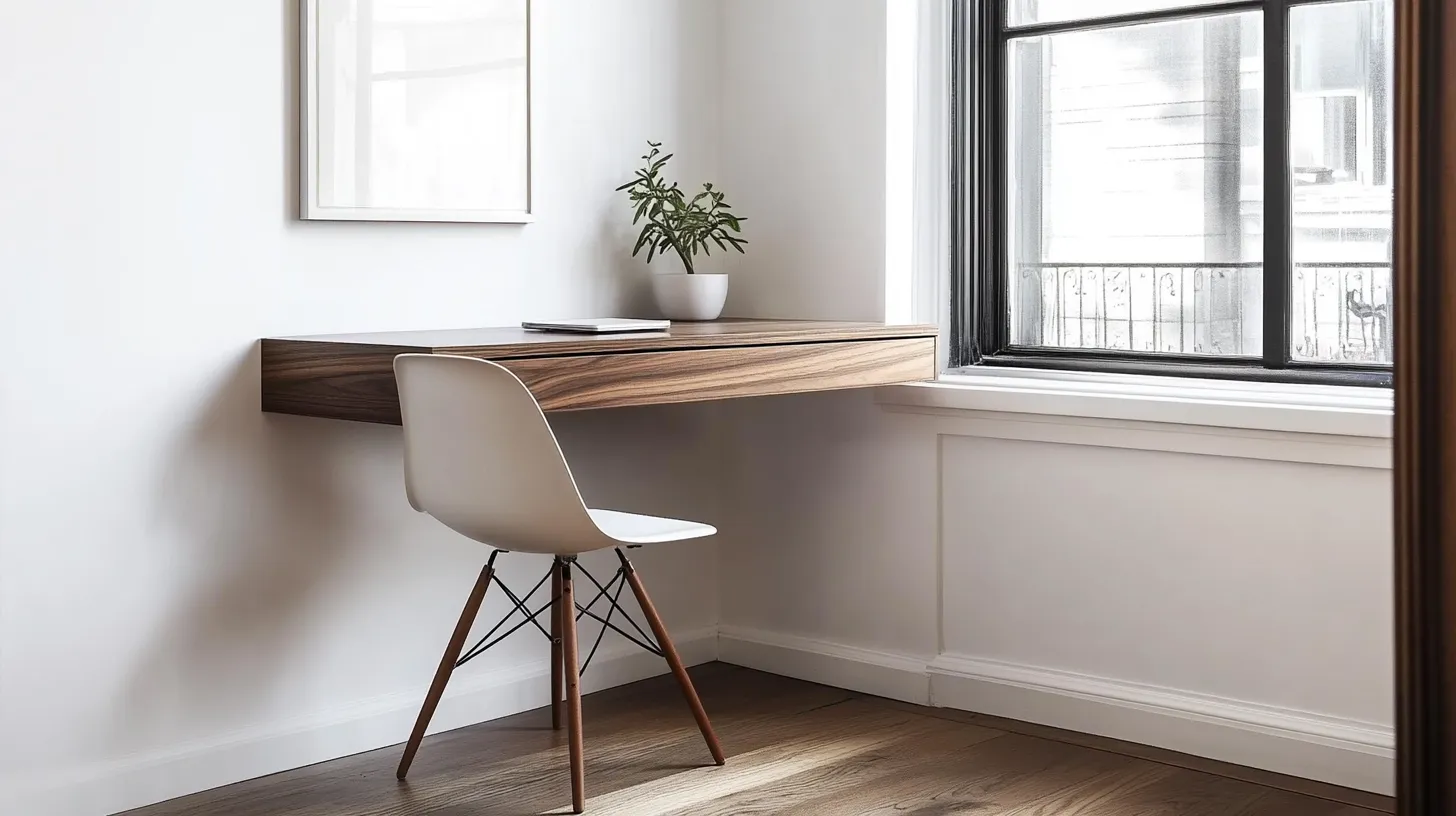 Minimalist floating wooden desk with white chair, green plant, white wall and bright corner window