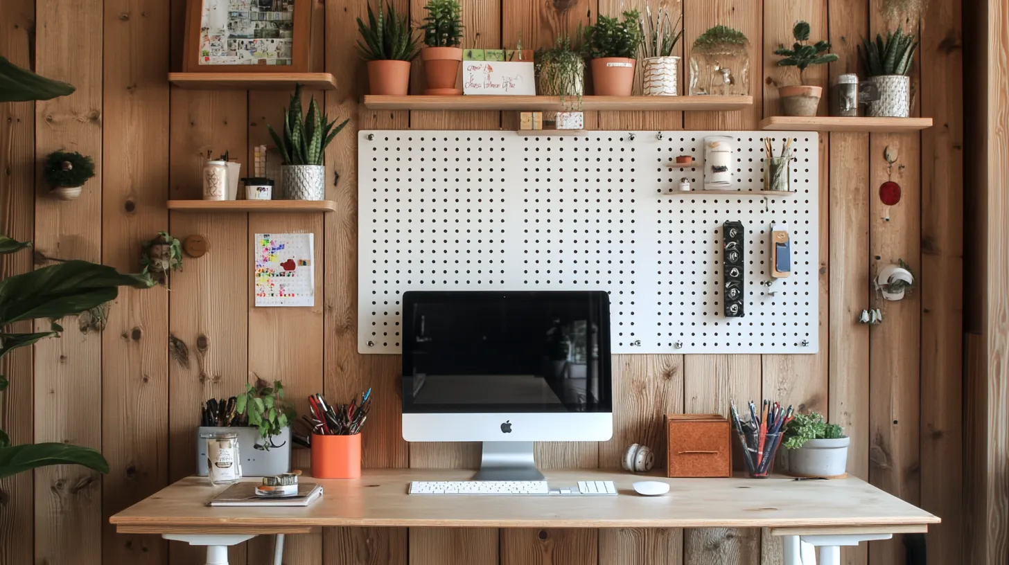 Computer on a wooden desk with a white pegboard and potted plants on wooden shelves