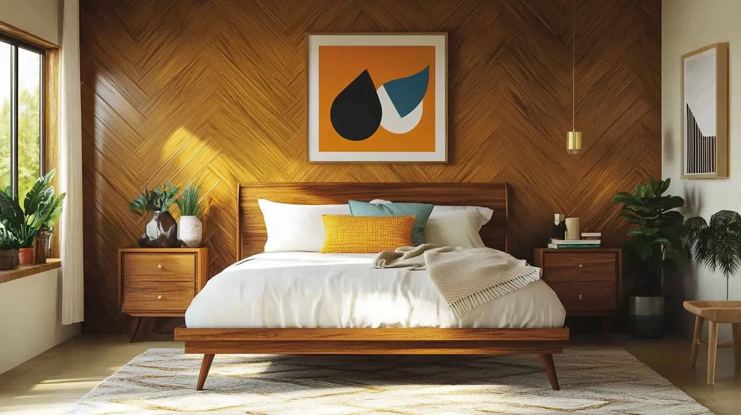Mid-Century Vintage: Geometric art, brass fixtures, and warm-toned wood. If you like a nostalgic touch, this is it.