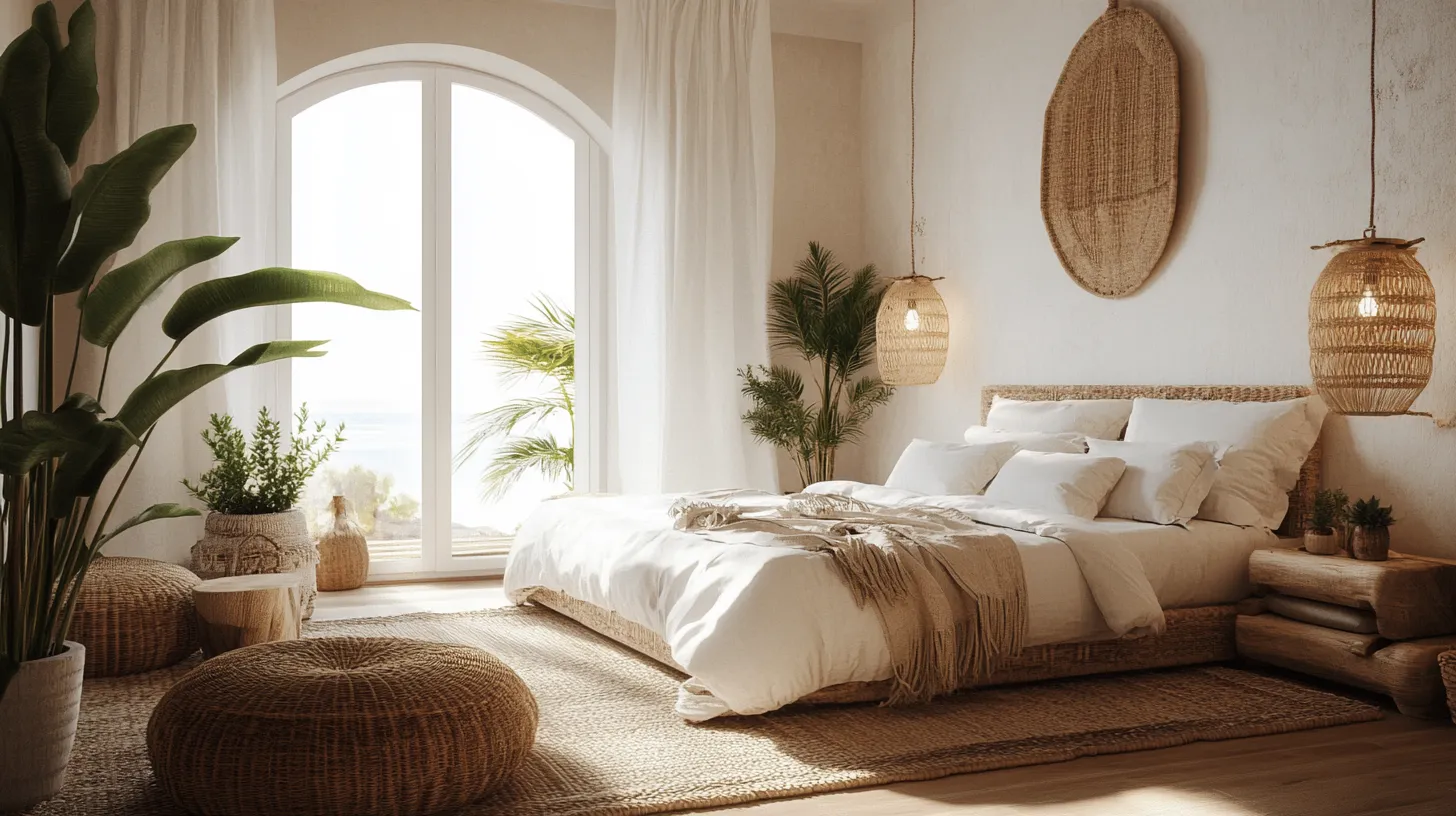 Bohemian Chic: Rattan lighting, woven throws, hanging plants, and layered rugs. A creative, unstructured feel.