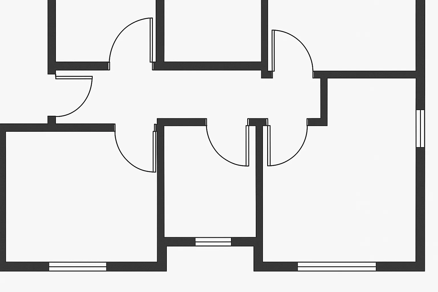 Clean black and white 2D floor plan layout showing multiple rooms with doors and windows