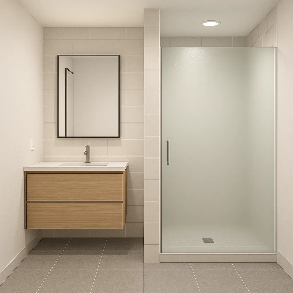 Modern bathroom interior design drawing featuring wooden cabinet, white sink, mirror, and frosted glass shower
