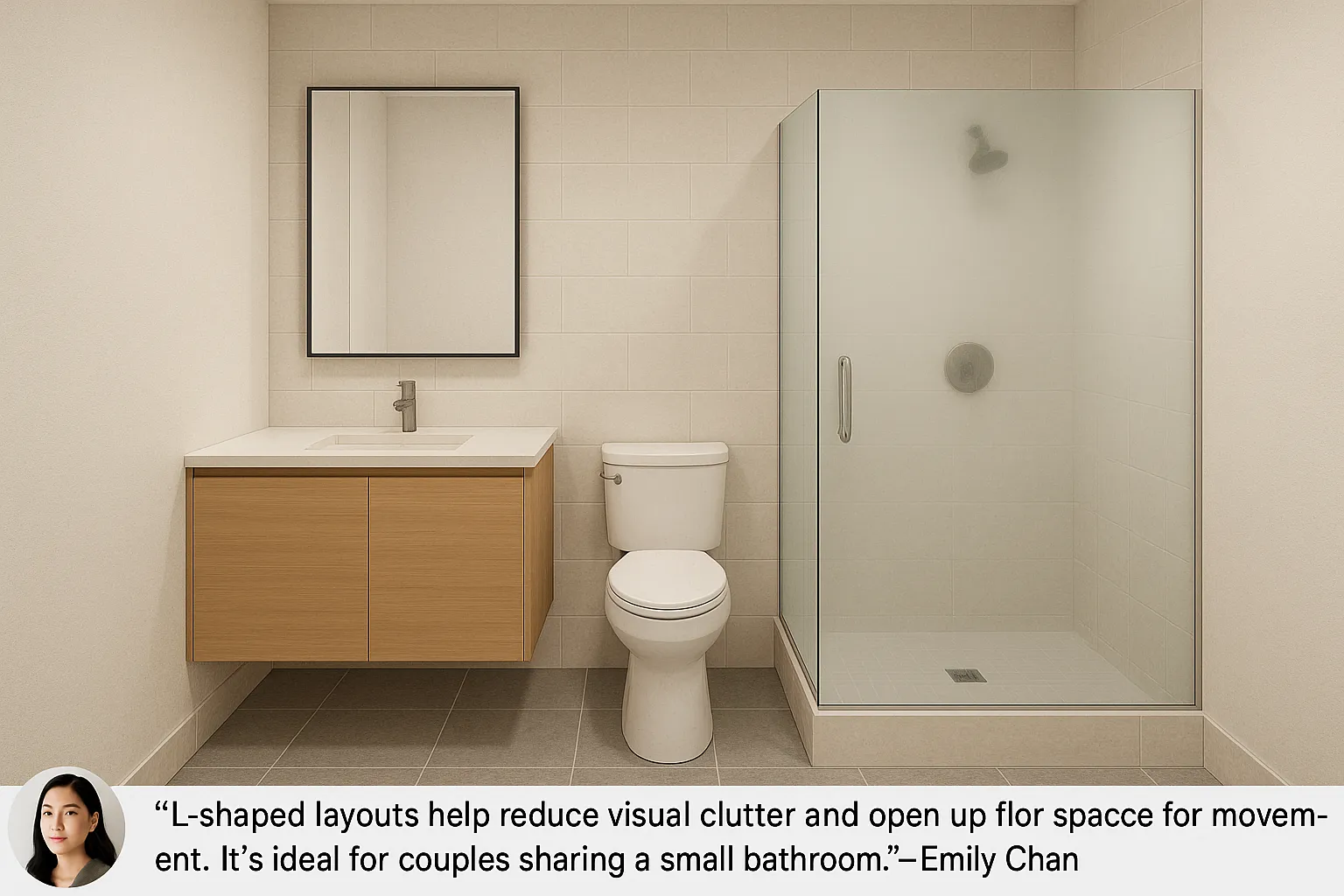 Bathroom interior design drawing with wooden cabinet, white toilet, glass shower, and bottom text banner