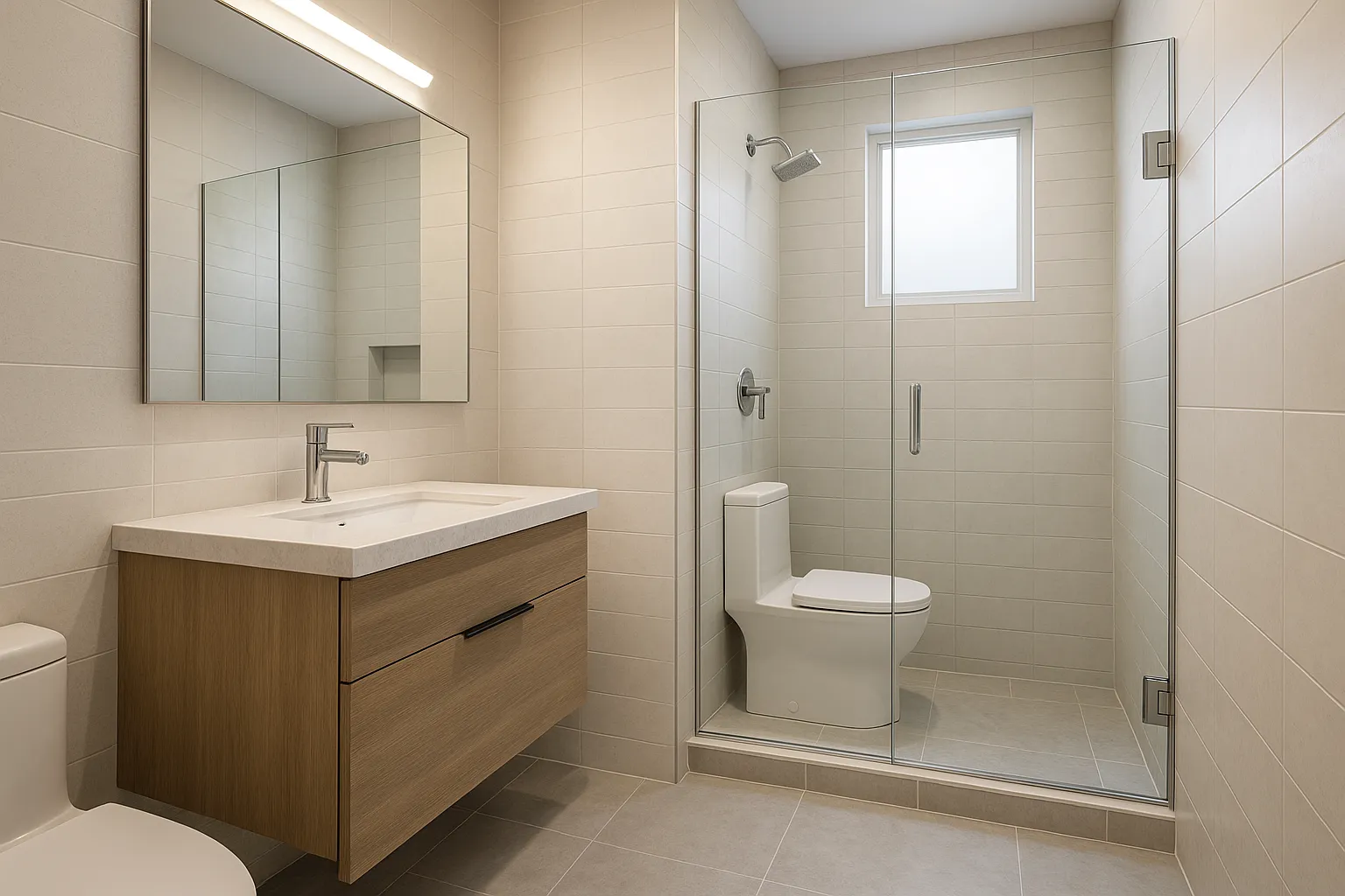 Modern bathroom interior design drawing with wooden cabinet, large mirror, wall light, and glass shower