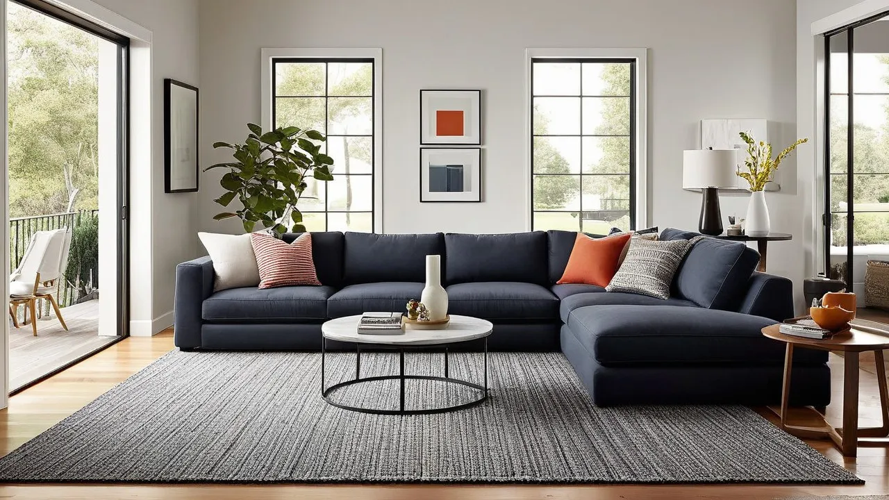 Large blue corner sofa on grey striped rug with round marble coffee table and plants