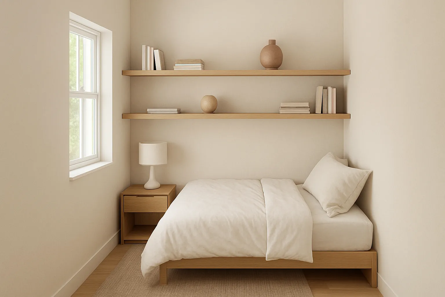 2. Corner Bed + Wall Shelves